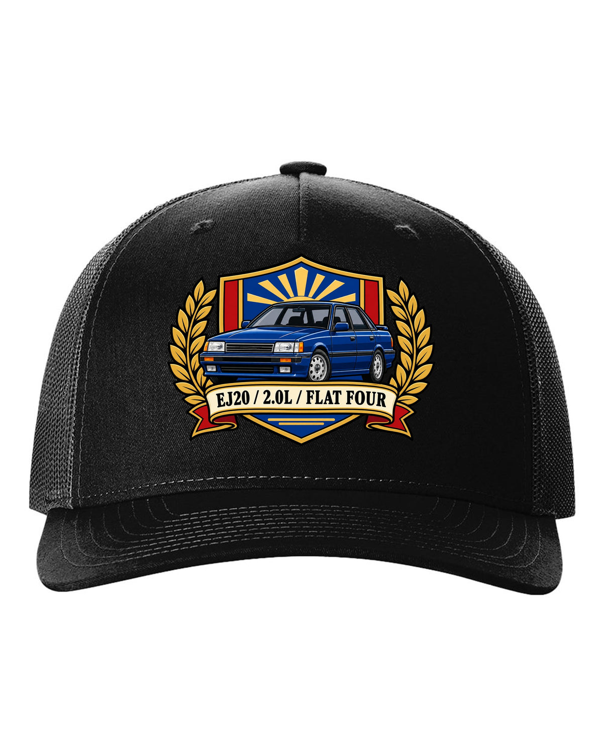 Shield crest design for a Subaru Legacy BC5 RS with EJ20 2.0L flat four text black hat front view with the design