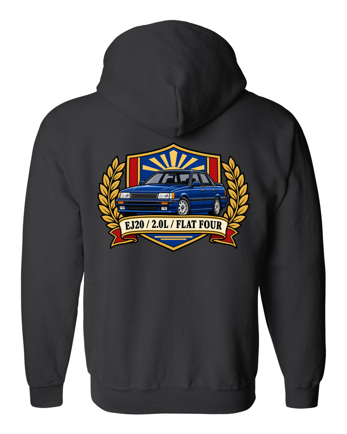 Shield crest design for a Subaru Legacy BC5 RS with EJ20 2.0L flat four text black zip hoodie back view with the design