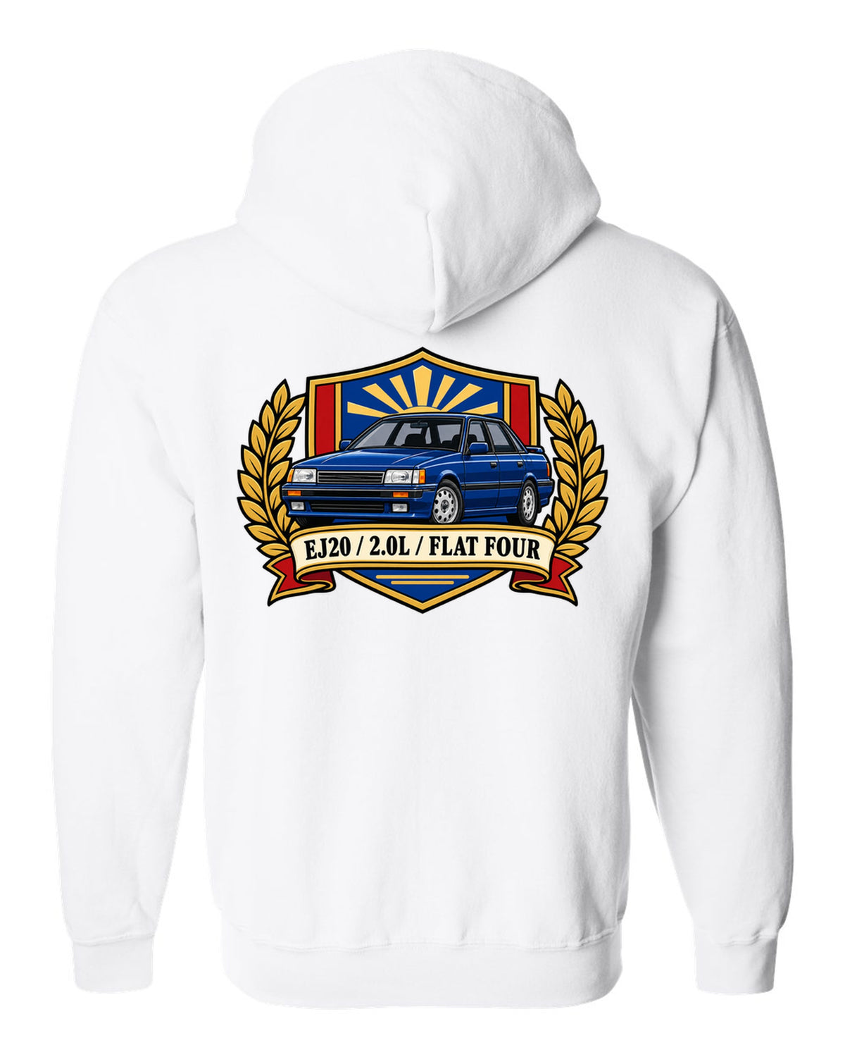 Shield crest design for a Subaru Legacy BC5 RS with EJ20 2.0L flat four text white zip hoodie back view with the design