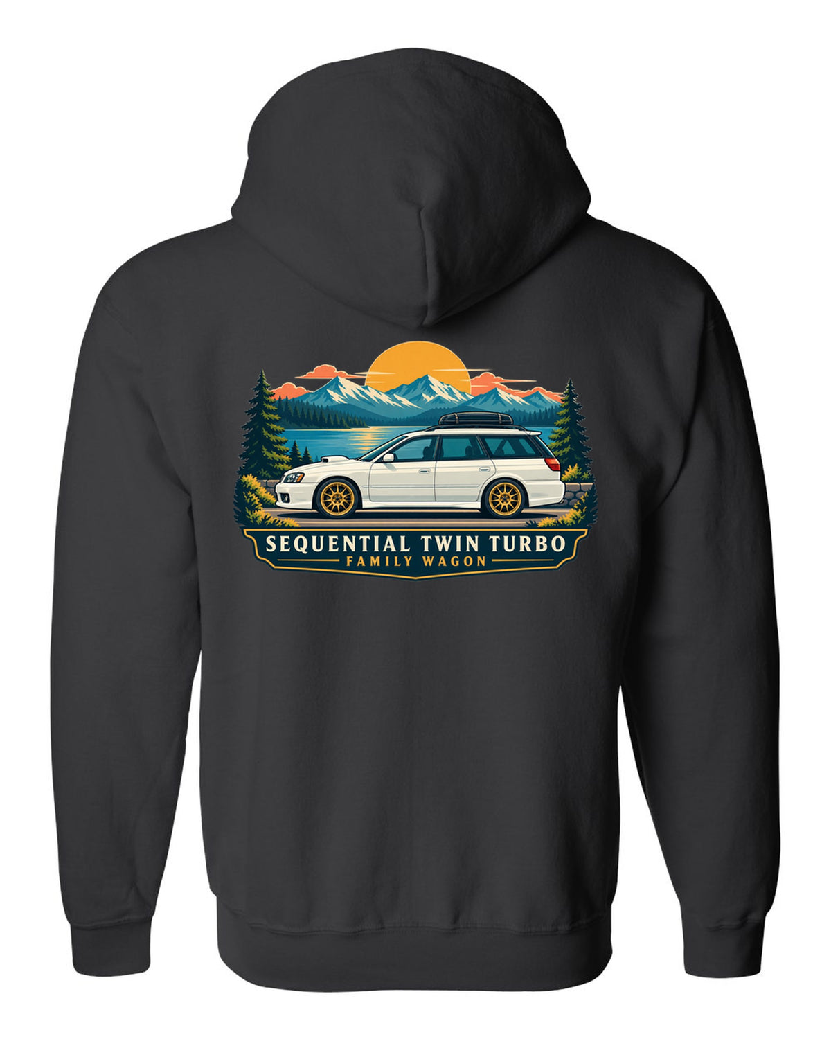 Subaru Legacy BC5 RS as a linocut, 100,000 KM / AT 223 KM/H black zip hoodie back view with the design