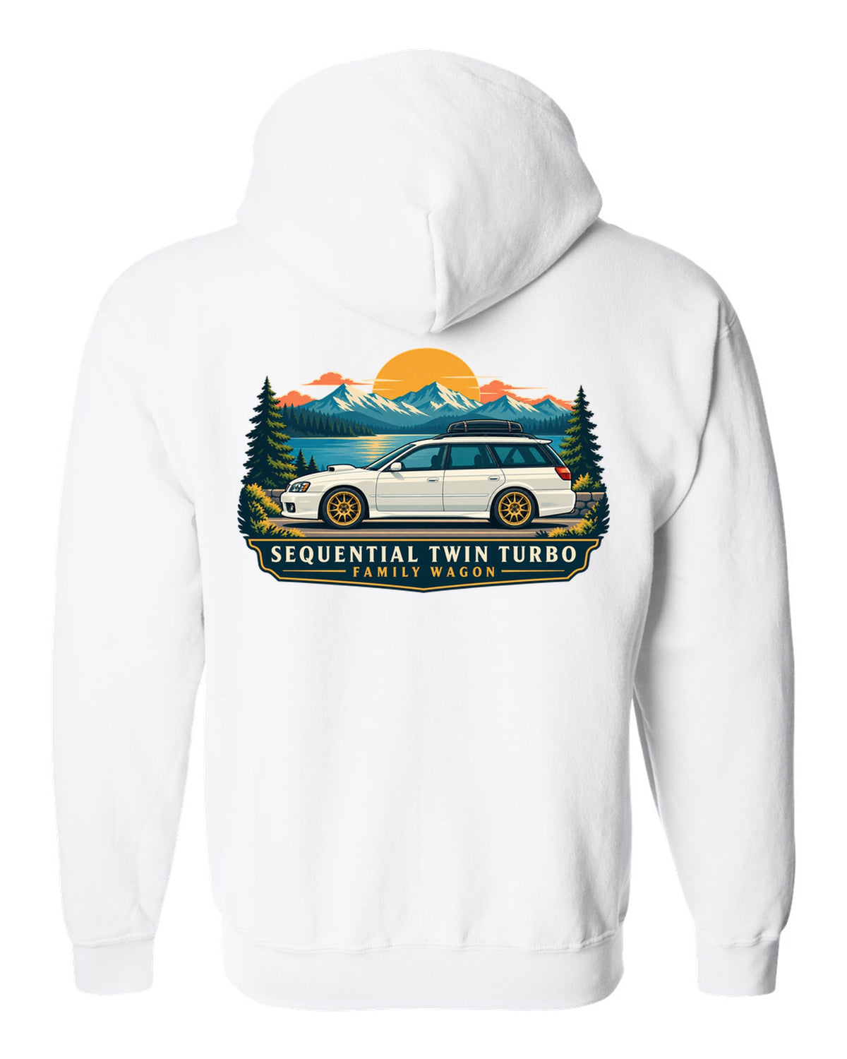 Subaru Legacy BC5 RS as a linocut, 100,000 KM / AT 223 KM/H white zip hoodie back view with the design