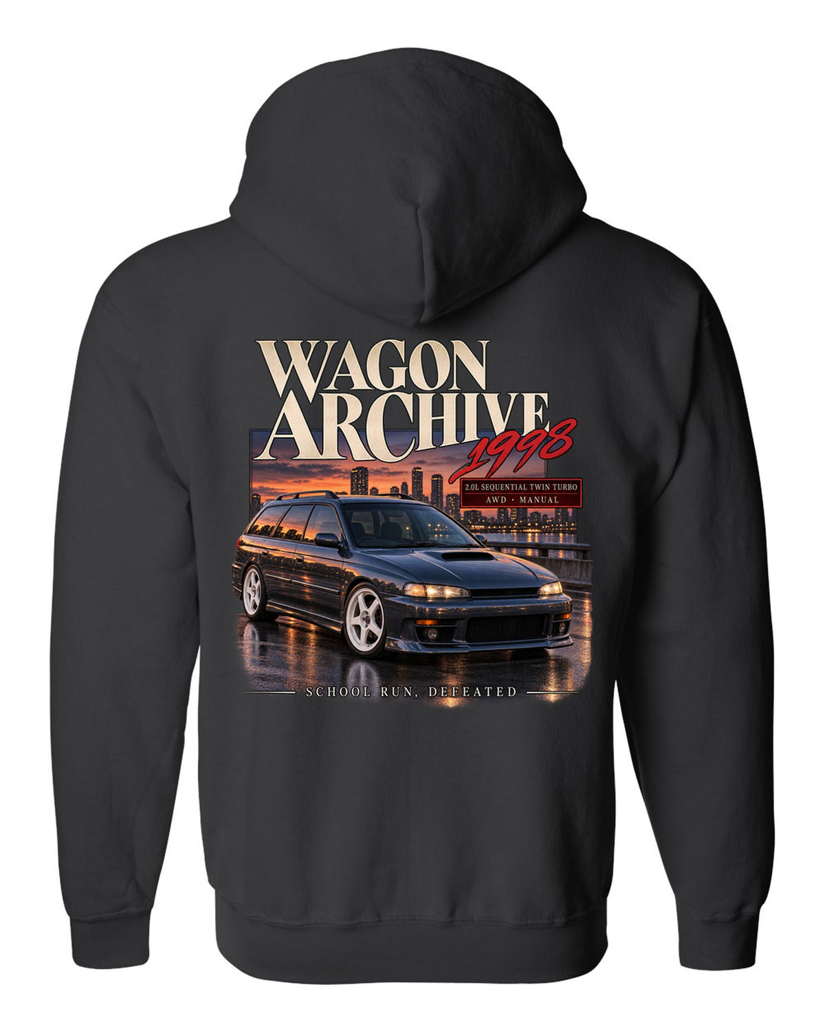 Wagon archive print for the Subaru Legacy GT-B BH5 reading 2.0L sequential twin turbo, school run, defeated black zip hoodie back view with the design