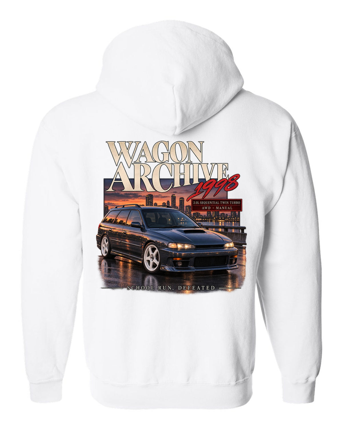 Wagon archive print for the Subaru Legacy GT-B BH5 reading 2.0L sequential twin turbo, school run, defeated white zip hoodie back view with the design