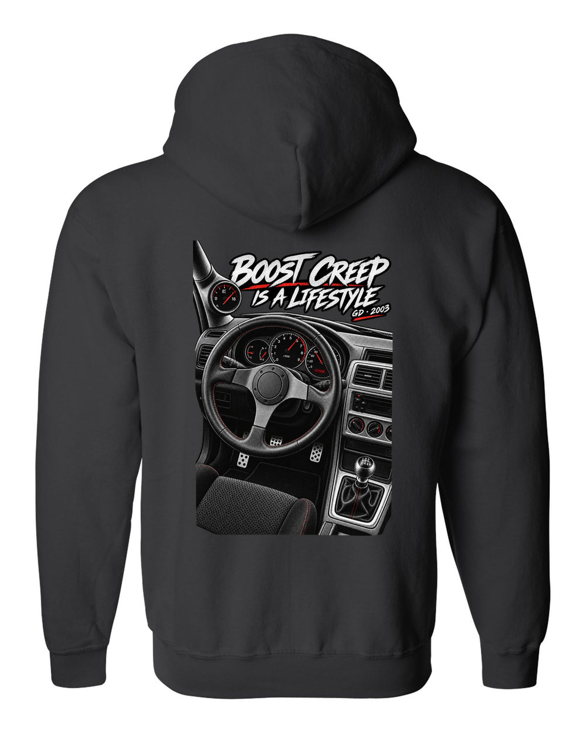 Boost gauge cockpit print for a Subaru Impreza WRX GD Blobeye with boost creep text black zip hoodie back view with the design