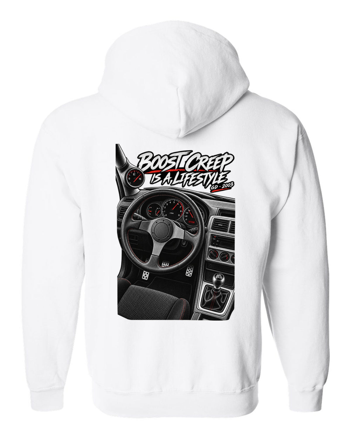 Boost gauge cockpit print for a Subaru Impreza WRX GD Blobeye with boost creep text white zip hoodie back view with the design