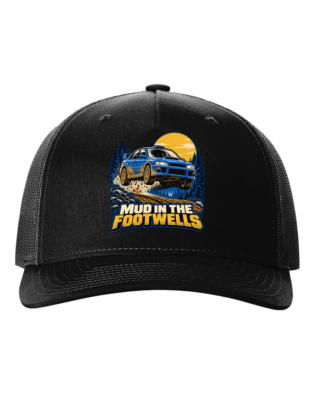 Comic halftone pop-art of a Subaru WRX STI GRB chback doing a burnout black hat front view with the design