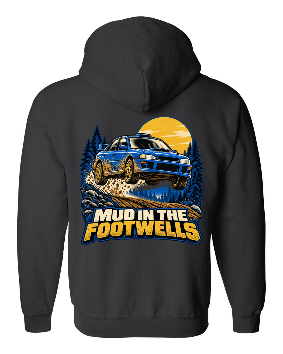 Comic halftone pop-art of a Subaru WRX STI GRB chback doing a burnout black zip hoodie back view with the design