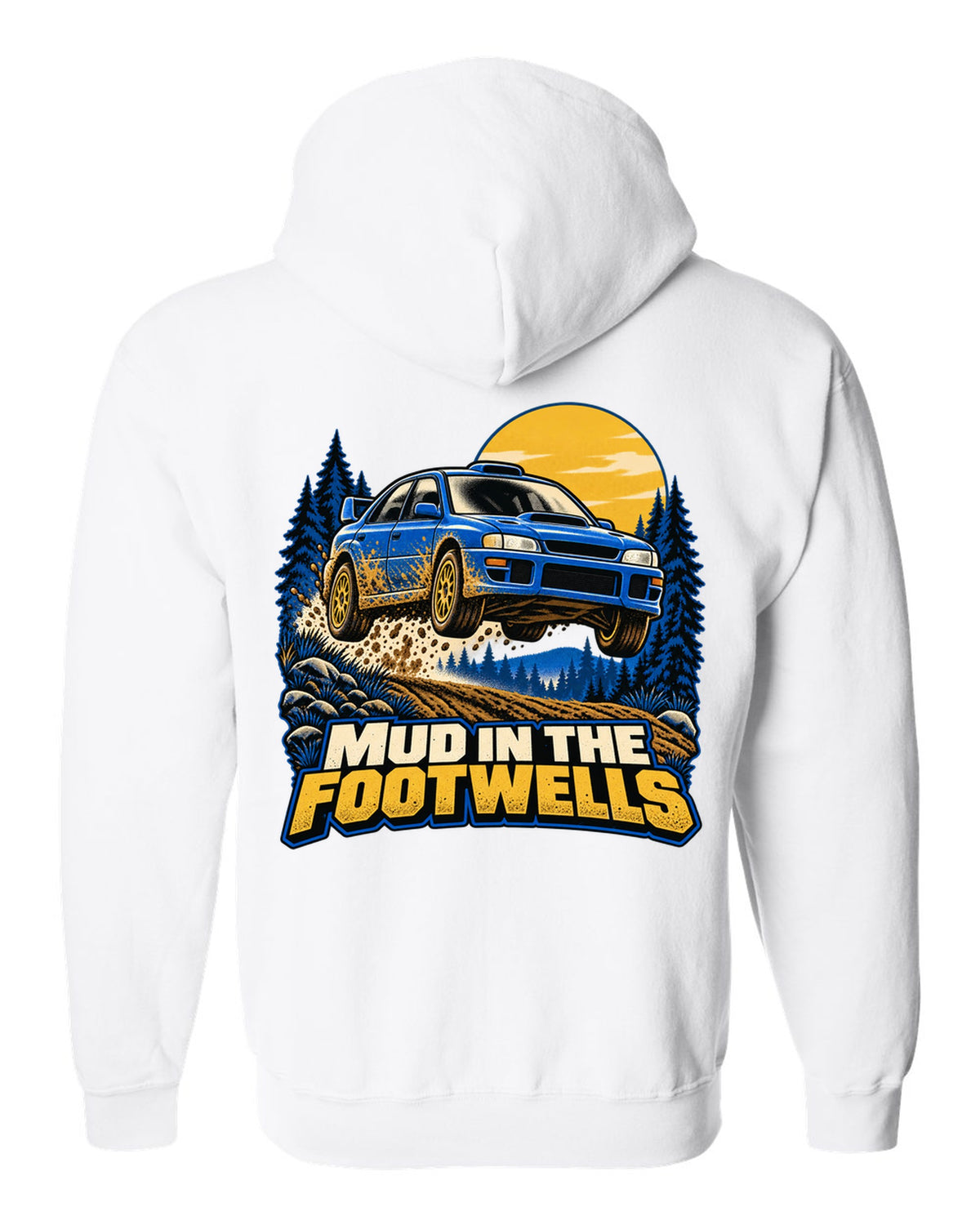 Comic halftone pop-art of a Subaru WRX STI GRB chback doing a burnout white zip hoodie back view with the design