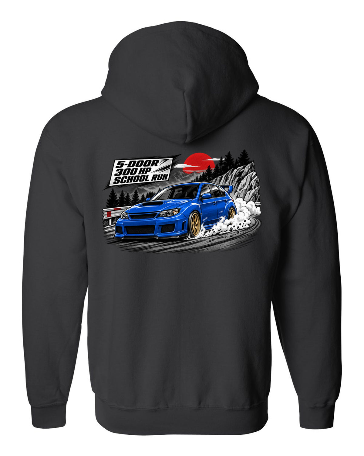 Subaru WRX STI GRB chback in a retro manga halftone panel, 5-DOOR / 300 HP / SCHOOL RUN black zip hoodie back view with the design