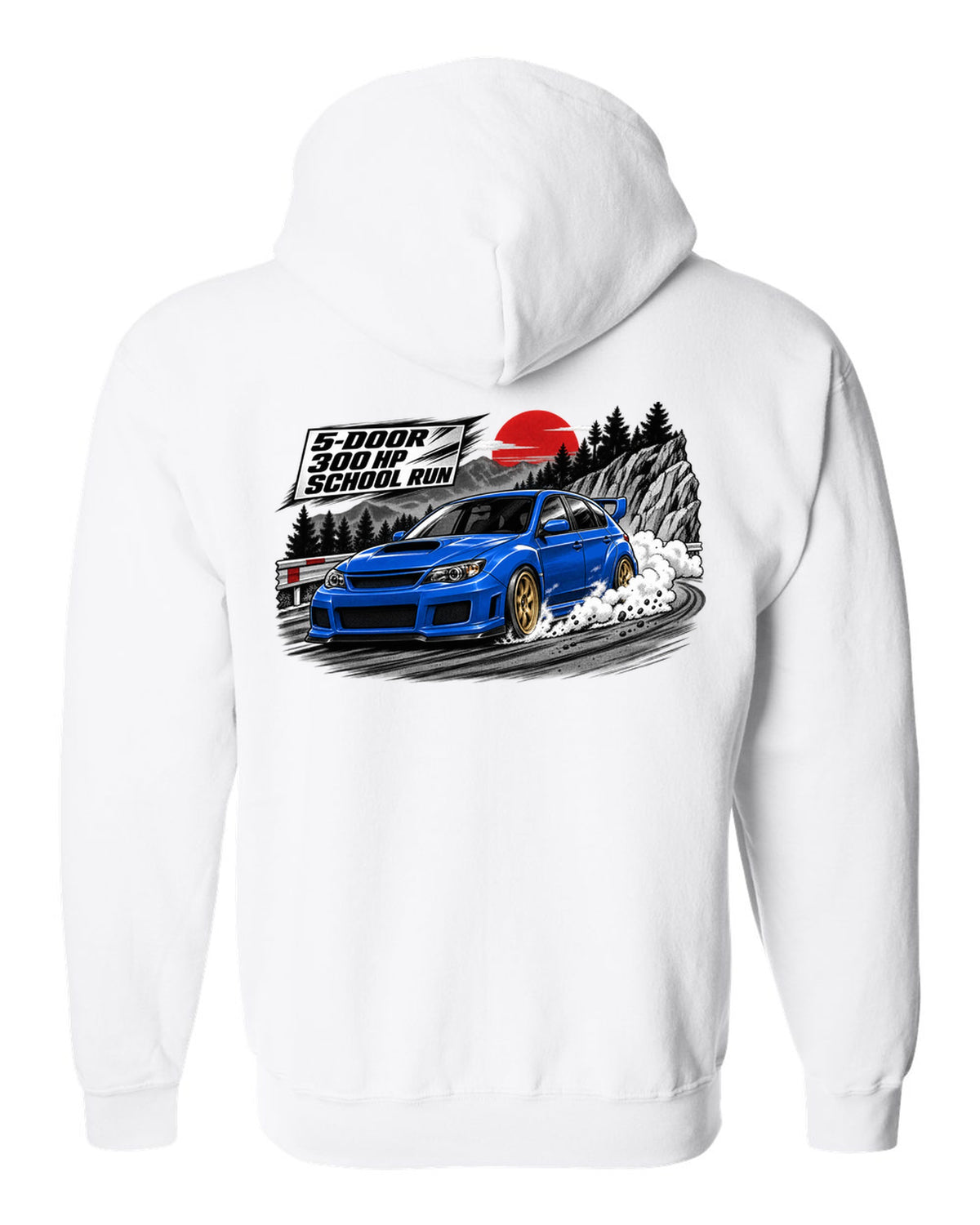 Subaru WRX STI GRB chback in a retro manga halftone panel, 5-DOOR / 300 HP / SCHOOL RUN white zip hoodie back view with the design