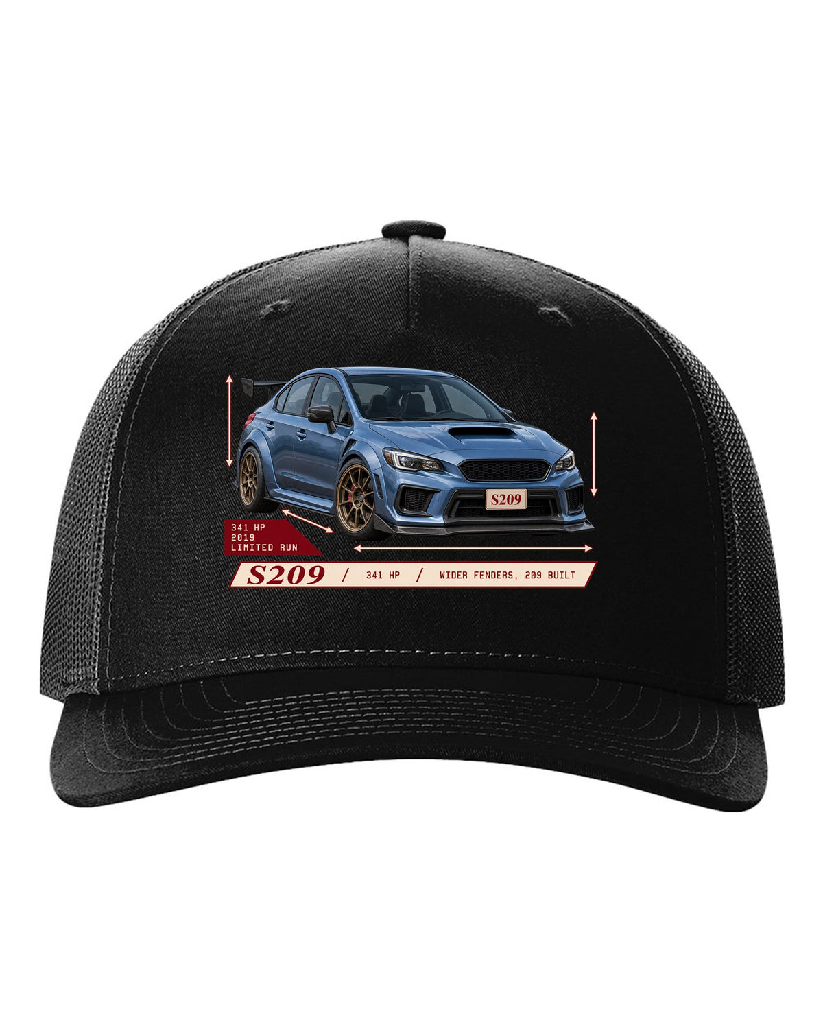 Subaru WRX STI S209 2019 widebody archive panel design black hat front view with the design