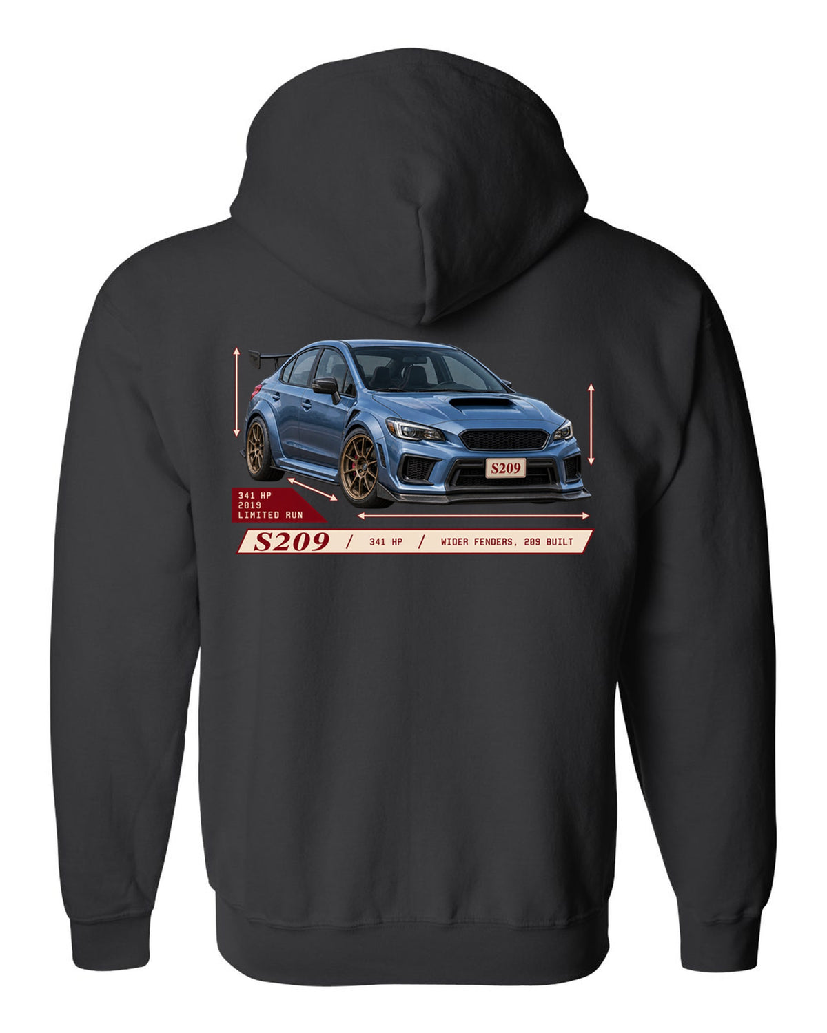 Subaru WRX STI S209 2019 widebody archive panel design black zip hoodie back view with the design