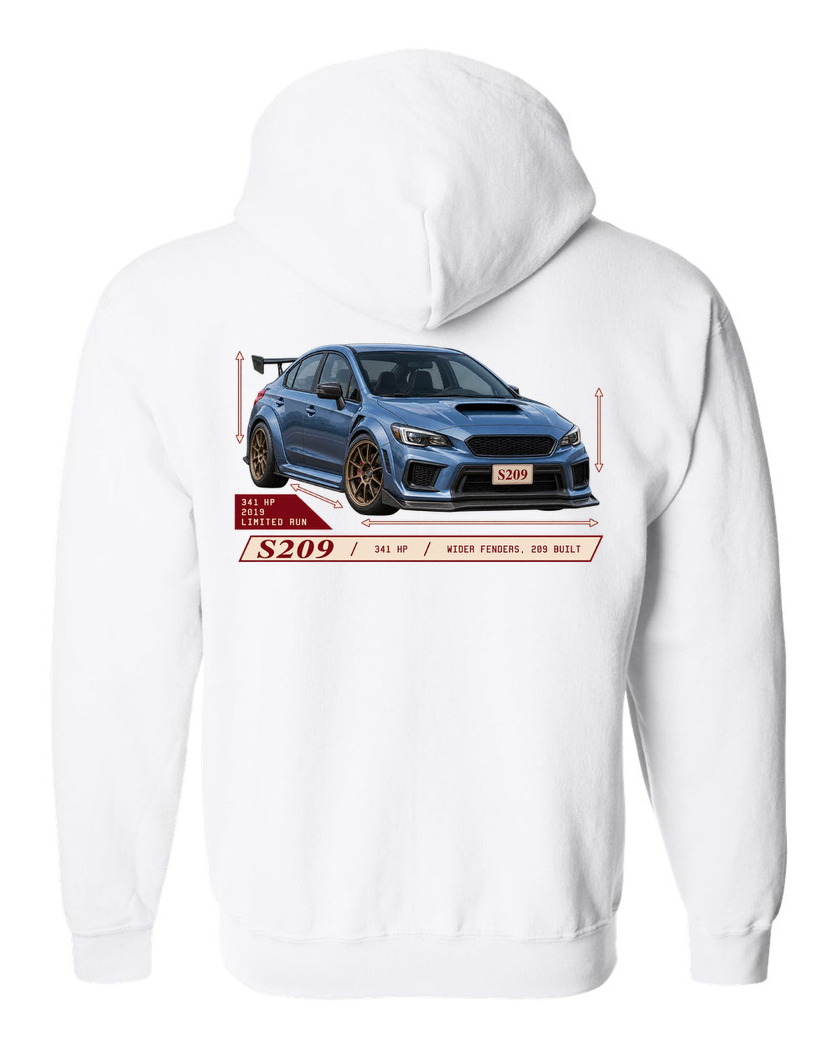 Subaru WRX STI S209 2019 widebody archive panel design white zip hoodie back view with the design