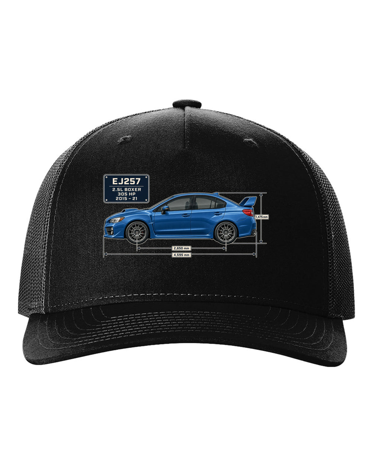Subaru WRX STI VA sedan blueprint profile in blue-grey black hat front view with the design