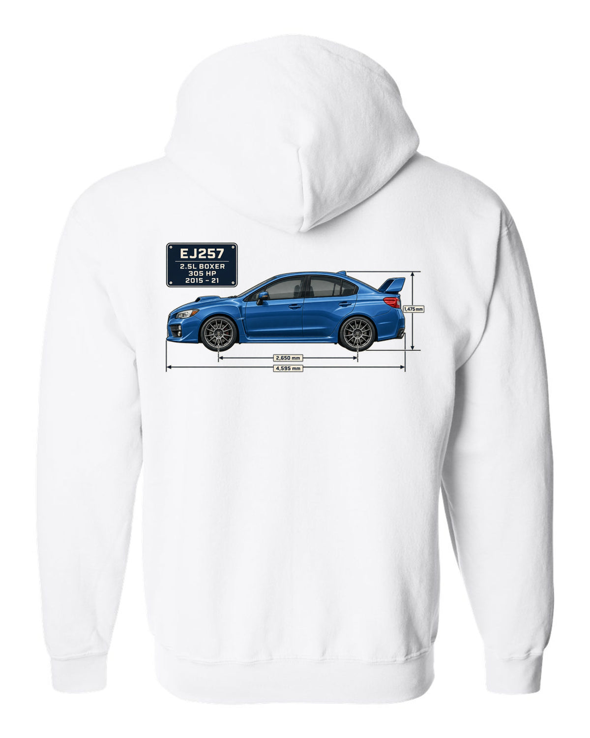 Subaru WRX STI VA sedan blueprint profile in blue-grey white zip hoodie back view with the design