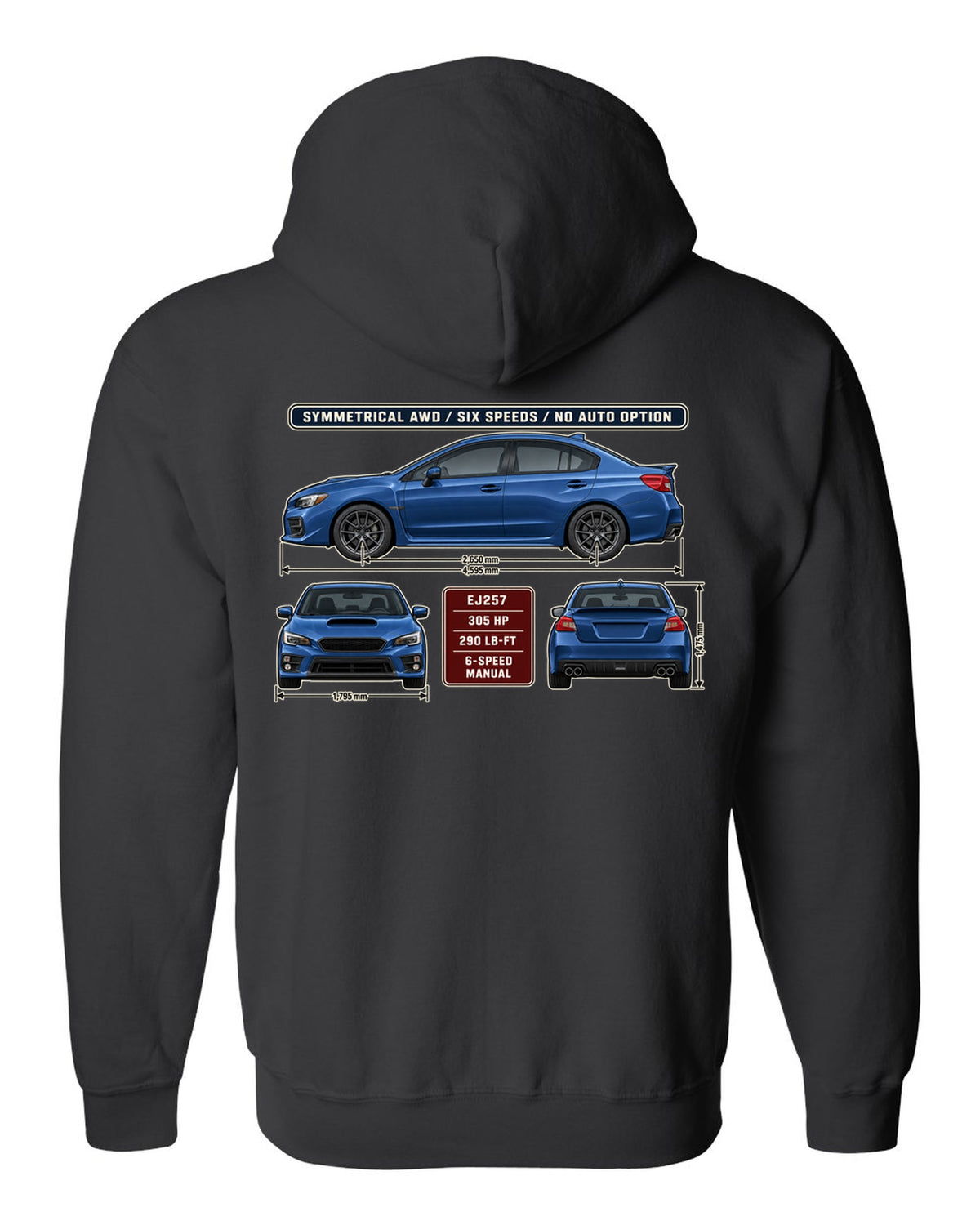 Subaru WRX STI VA graphite sedan three-view drawing with red accent black zip hoodie back view with the design