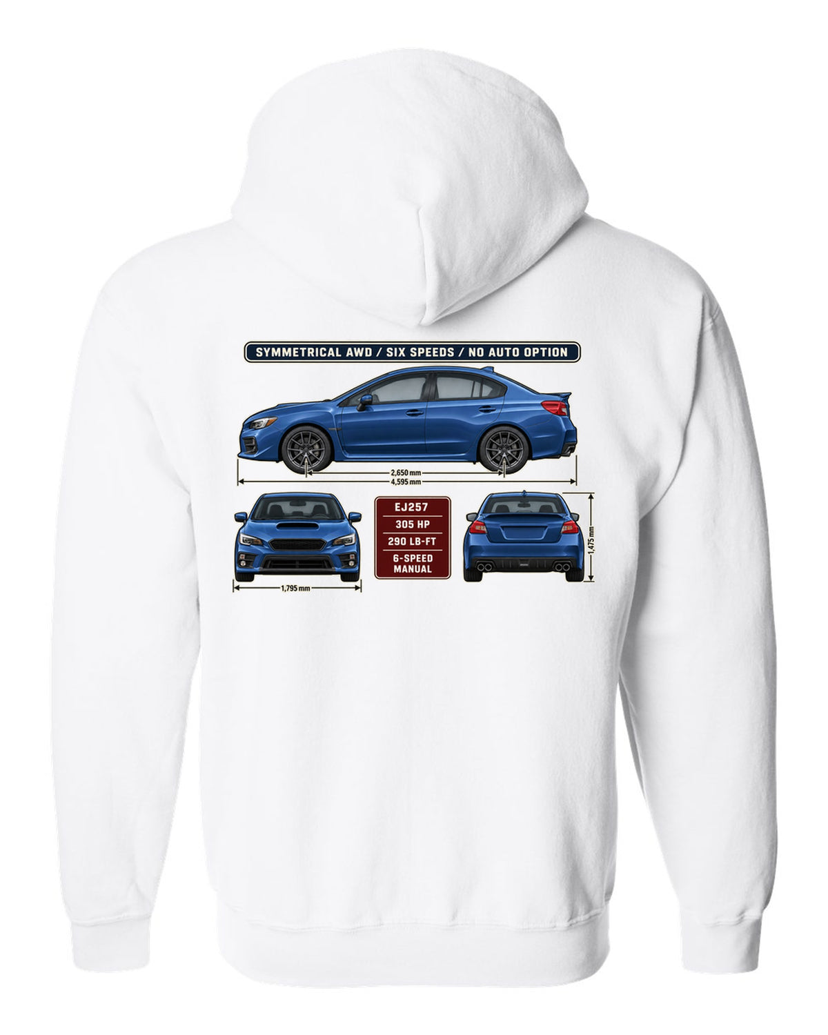 Subaru WRX STI VA graphite sedan three-view drawing with red accent white zip hoodie back view with the design