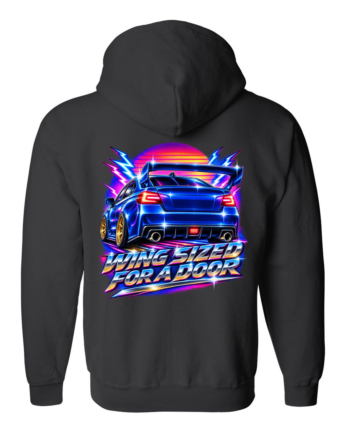 Subaru WRX STI VAB rear in 80s airbrush chrome, WING SIZED / FOR A DOOR black zip hoodie back view with the design