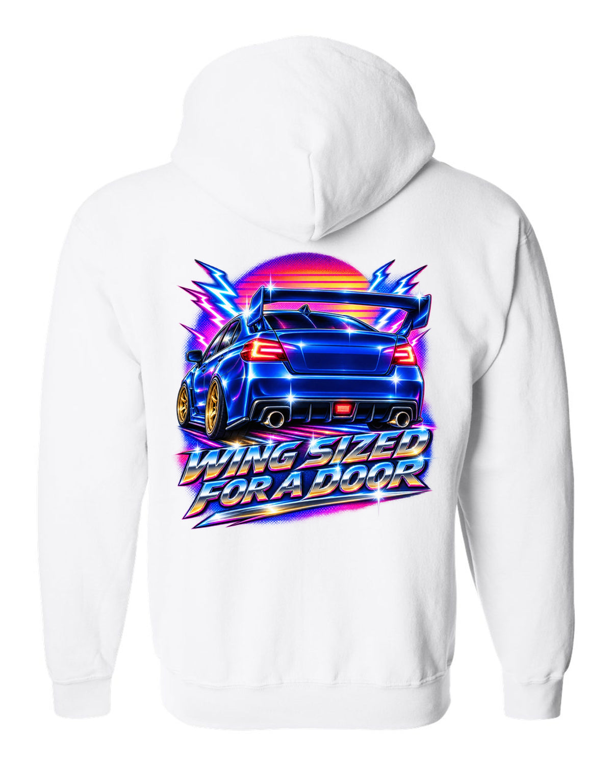 Subaru WRX STI VAB rear in 80s airbrush chrome, WING SIZED / FOR A DOOR white zip hoodie back view with the design