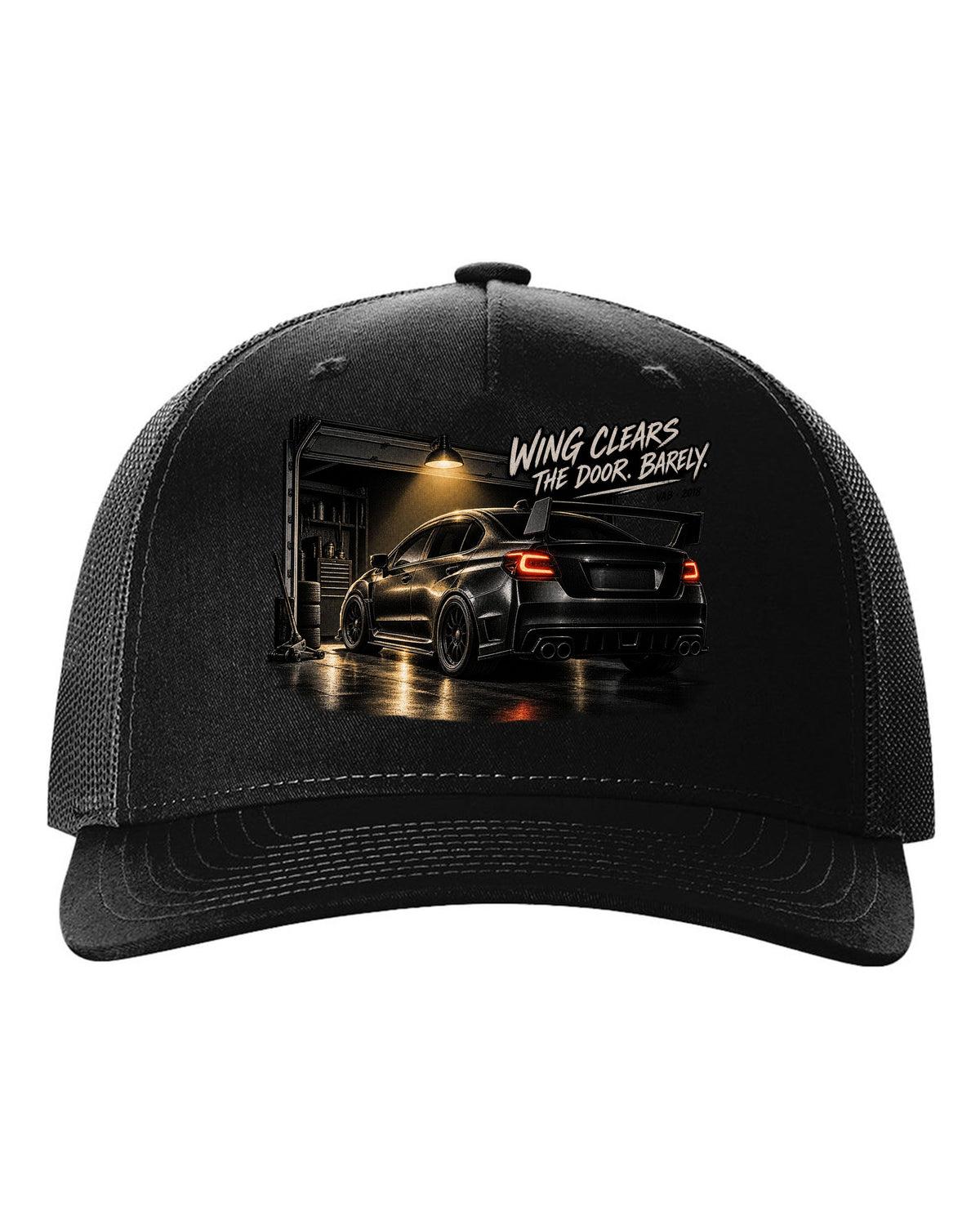 Subaru WRX STI VAB 2018 in a garage with wing clears the door barely text black hat front view with the design