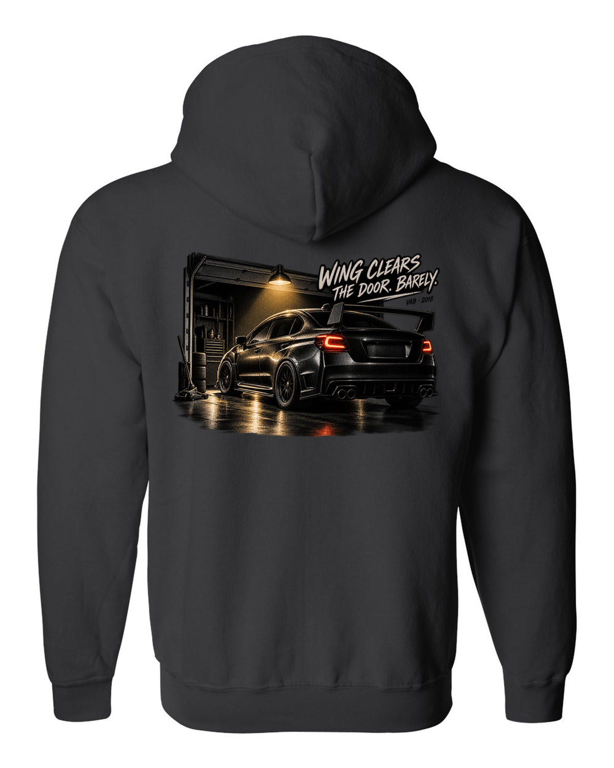 Subaru WRX STI VAB 2018 in a garage with wing clears the door barely text black zip hoodie back view with the design