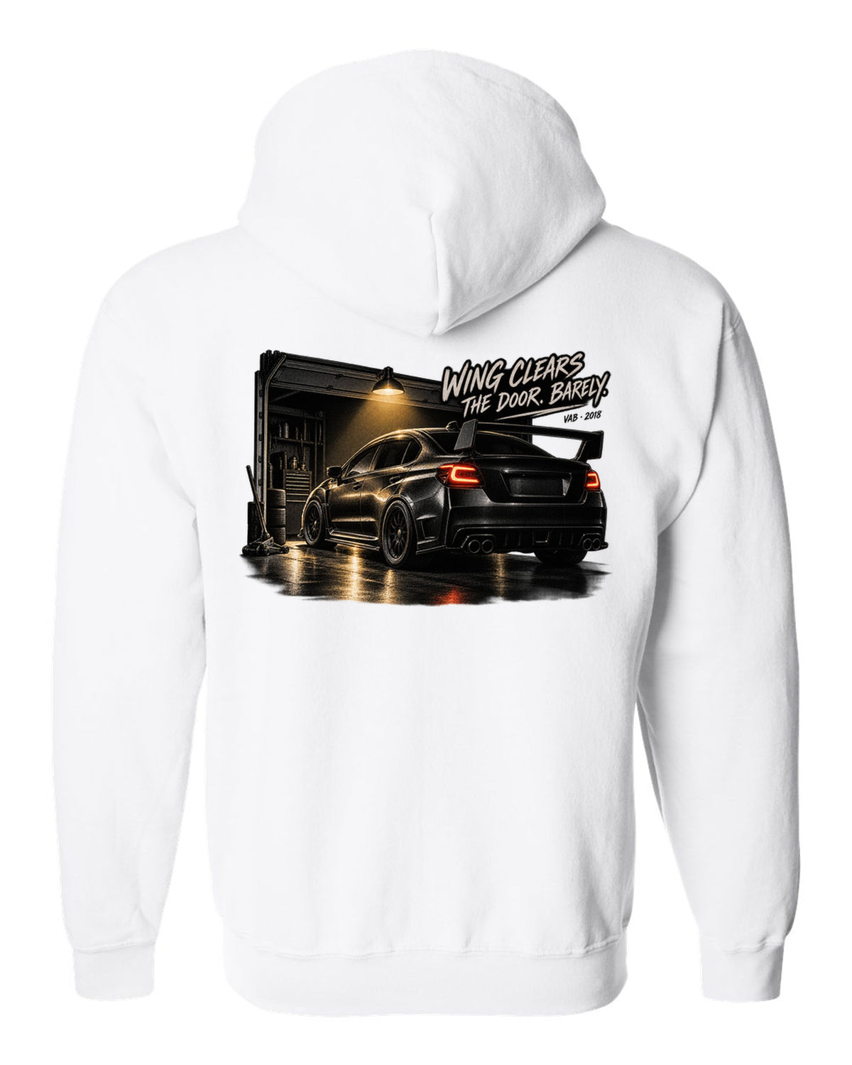 Subaru WRX STI VAB 2018 in a garage with wing clears the door barely text white zip hoodie back view with the design