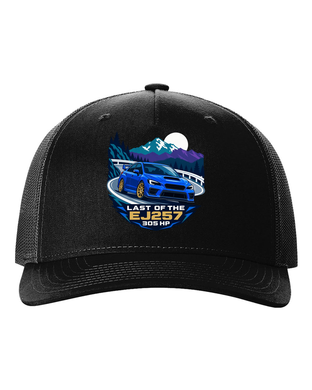 Flat vector minimalist Subaru WRX STI VAB on a hairpin corner black hat front view with the design