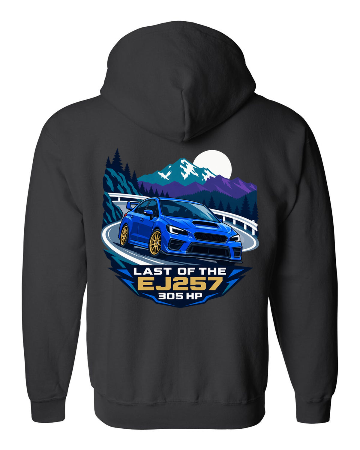 Flat vector minimalist Subaru WRX STI VAB on a hairpin corner black zip hoodie back view with the design