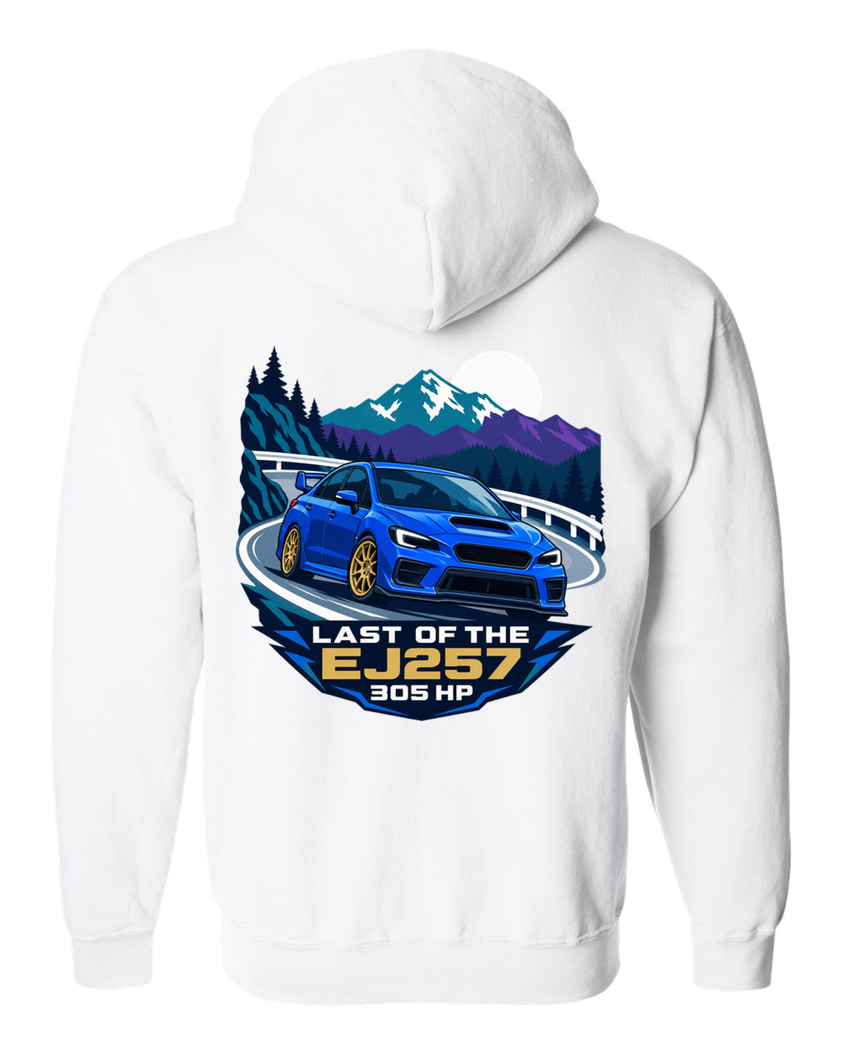 Flat vector minimalist Subaru WRX STI VAB on a hairpin corner white zip hoodie back view with the design
