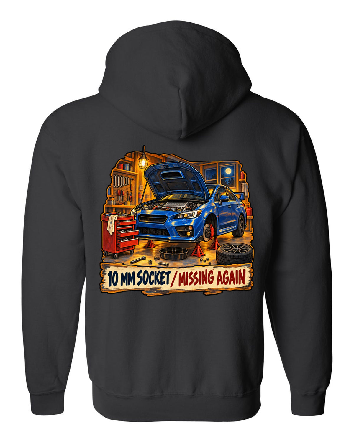 Subaru WRX STI VAB gouache workshop illustration, 10 MM SOCKET / MISSING AGAIN black zip hoodie back view with the design