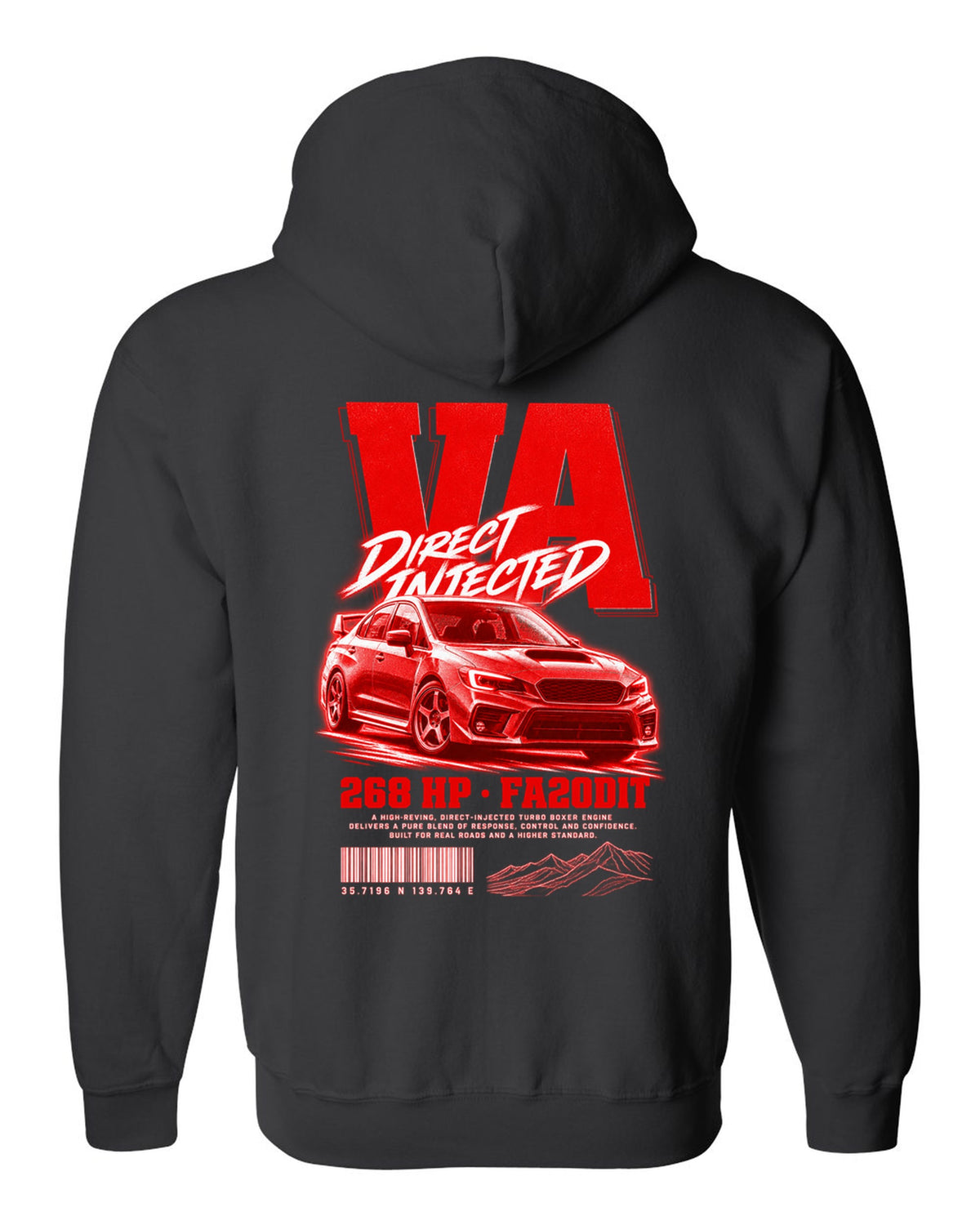 Street poster print for the Subaru WRX VA reading Direct Injected, 268 HP, FA20DIT black zip hoodie back view with the design