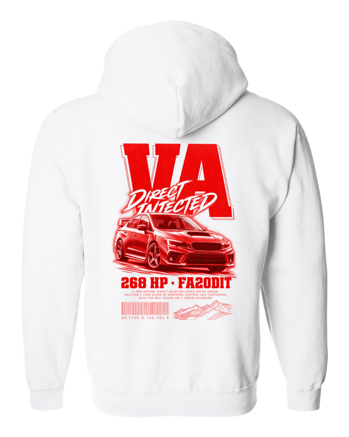 Street poster print for the Subaru WRX VA reading Direct Injected, 268 HP, FA20DIT white zip hoodie back view with the design