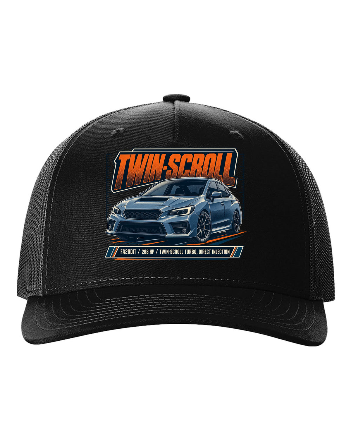 Subaru WRX VA sedan front three-quarter halftone design black hat front view with the design