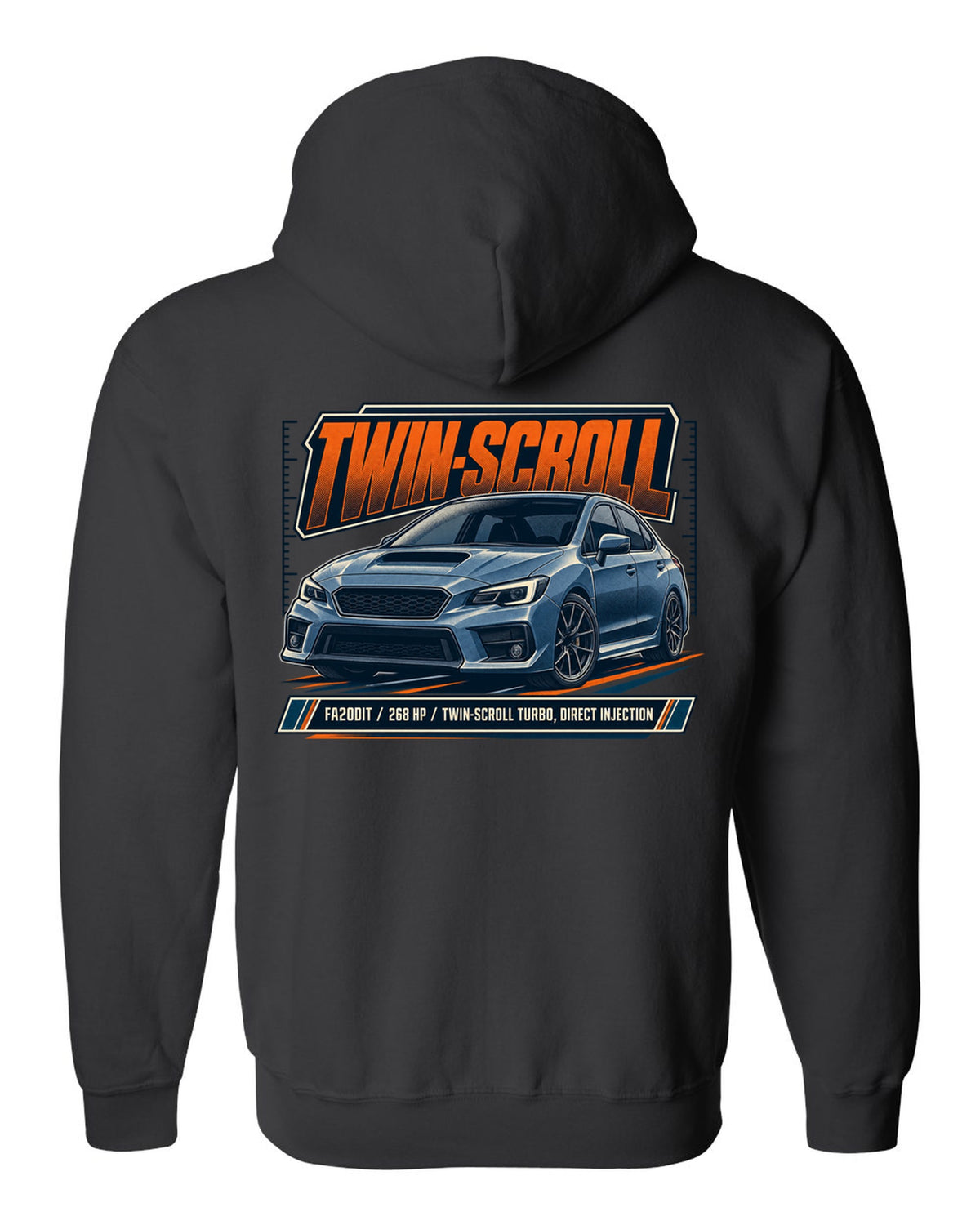 Subaru WRX VA sedan front three-quarter halftone design black zip hoodie back view with the design