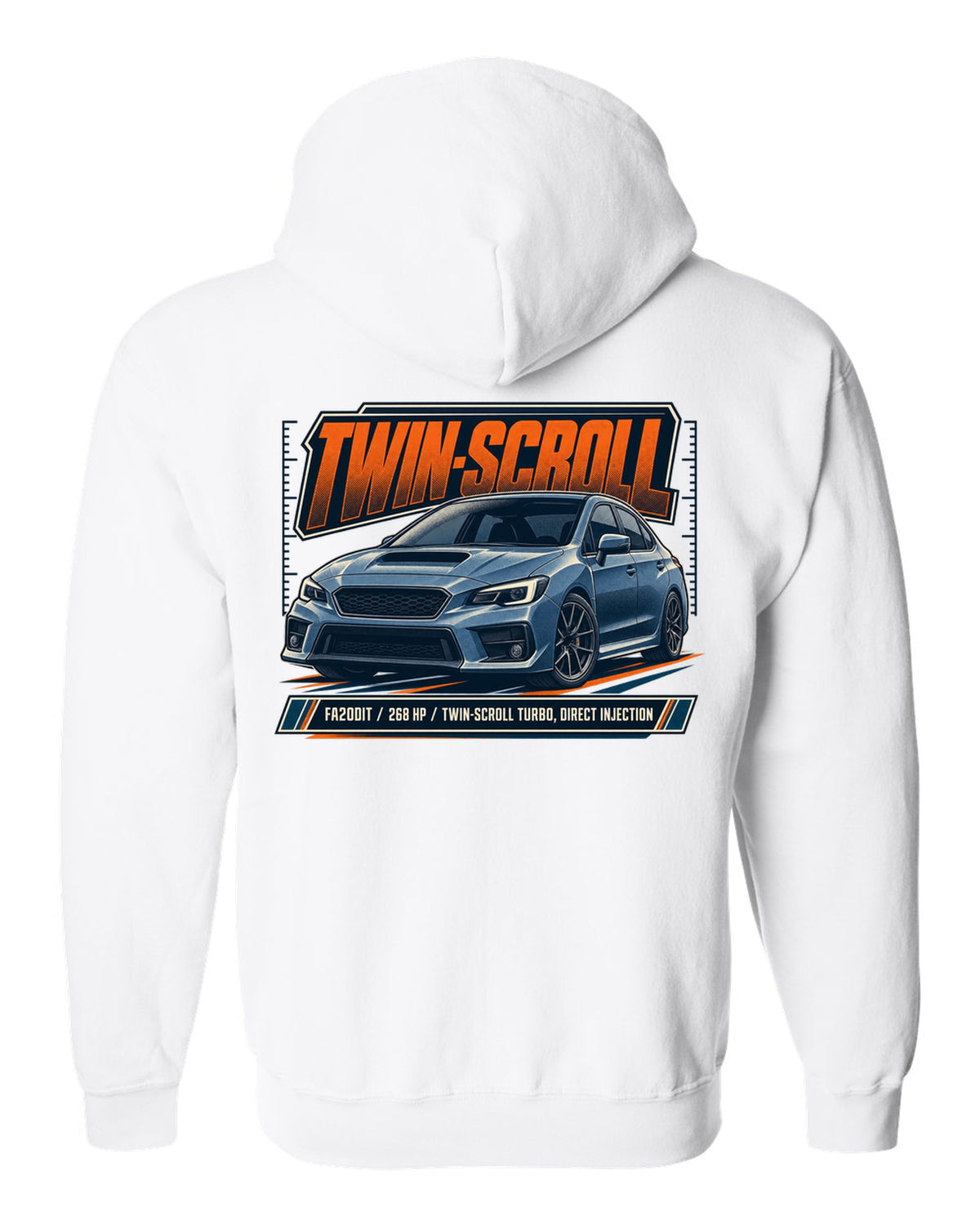 Subaru WRX VA sedan front three-quarter halftone design white zip hoodie back view with the design