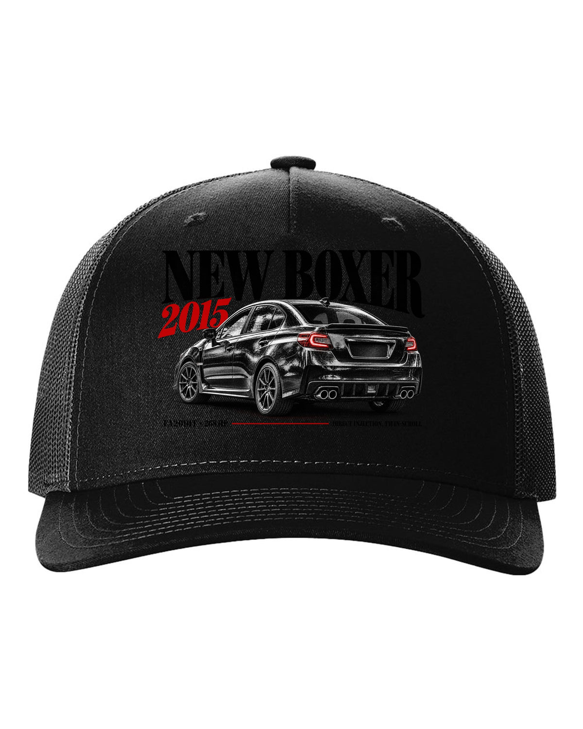Editorial headline print for the Subaru WRX VA saloon reading New Boxer, 2015, FA20DIT, 268 HP black hat front view with the design