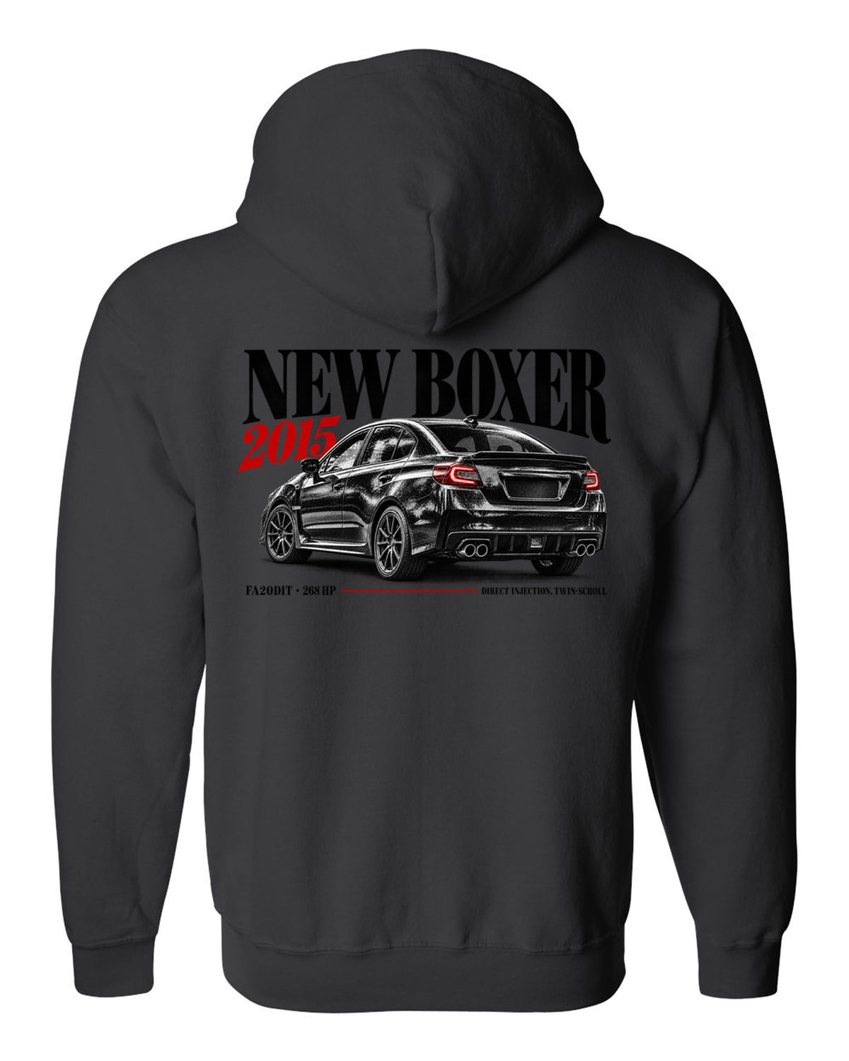 Editorial headline print for the Subaru WRX VA saloon reading New Boxer, 2015, FA20DIT, 268 HP black zip hoodie back view with the design