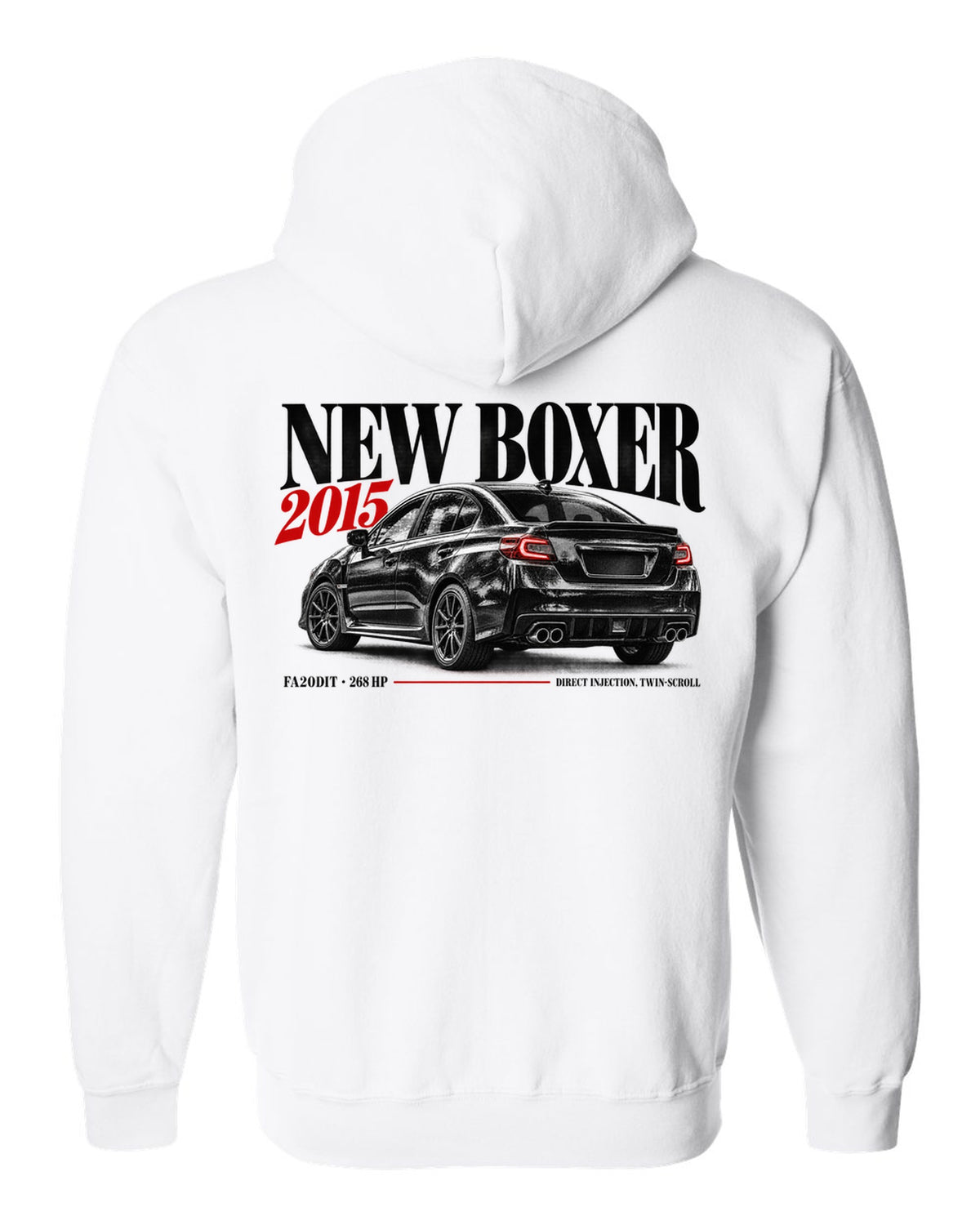 Editorial headline print for the Subaru WRX VA saloon reading New Boxer, 2015, FA20DIT, 268 HP white zip hoodie back view with the design