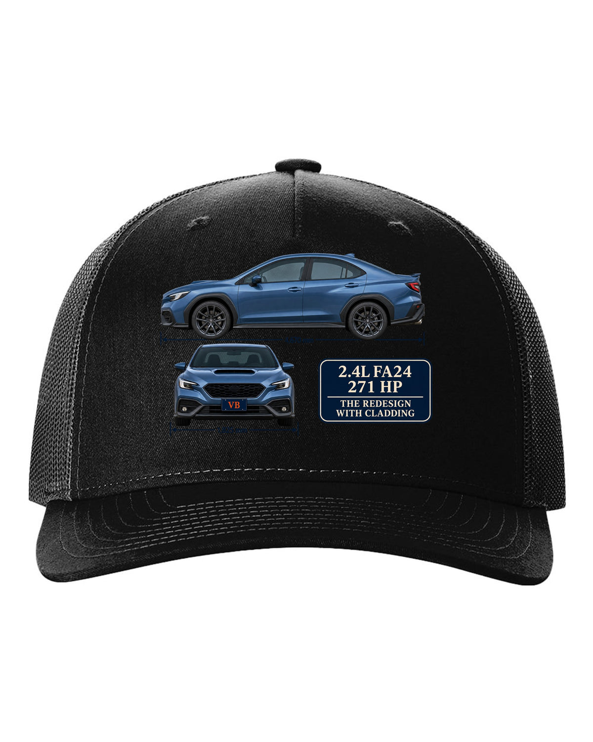 Subaru WRX VB sedan in rally blue-grey with editorial headline black hat front view with the design