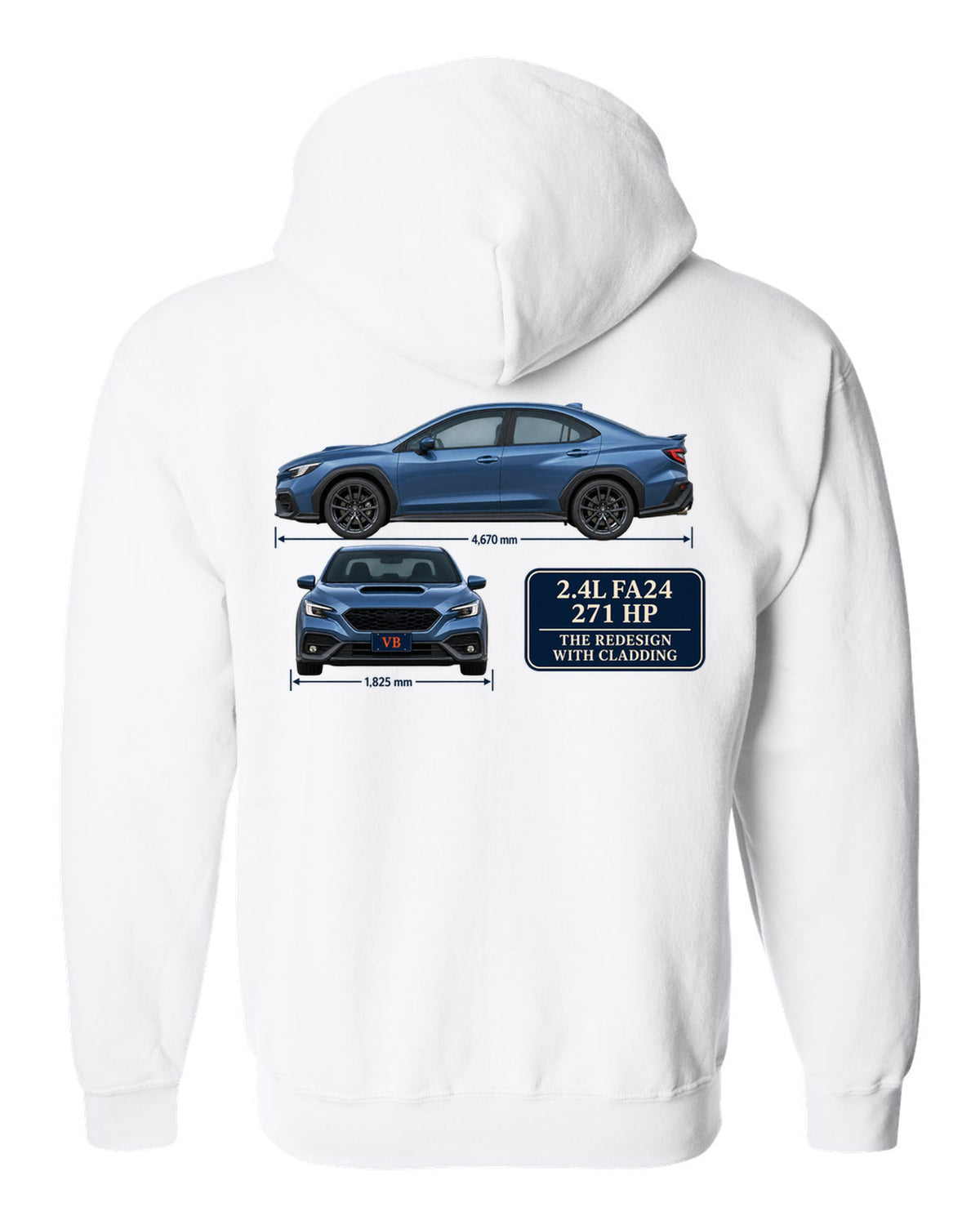 Subaru WRX VB sedan in rally blue-grey with editorial headline white zip hoodie back view with the design