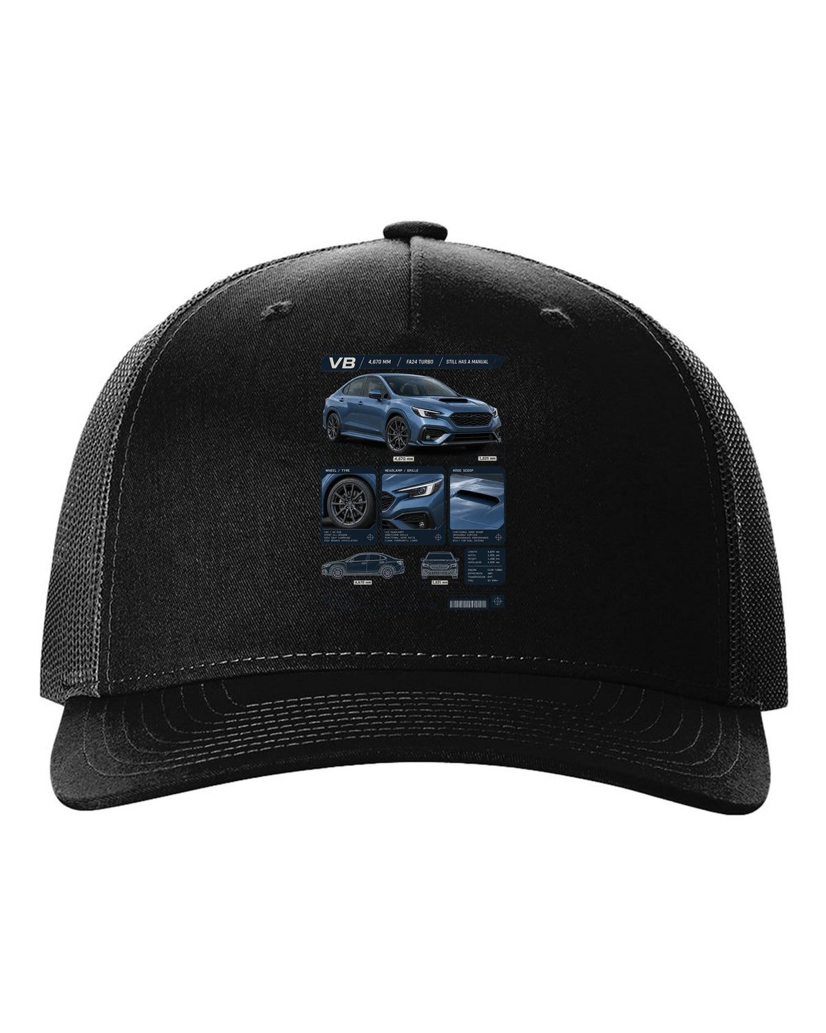 Dossier-style panel layout of a Subaru WRX VB sedan with GT and TR detail panels black hat front view with the design