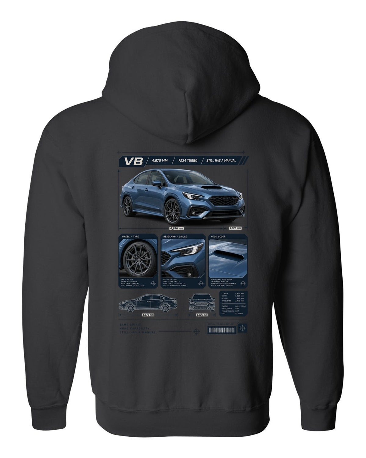 Dossier-style panel layout of a Subaru WRX VB sedan with GT and TR detail panels black zip hoodie back view with the design