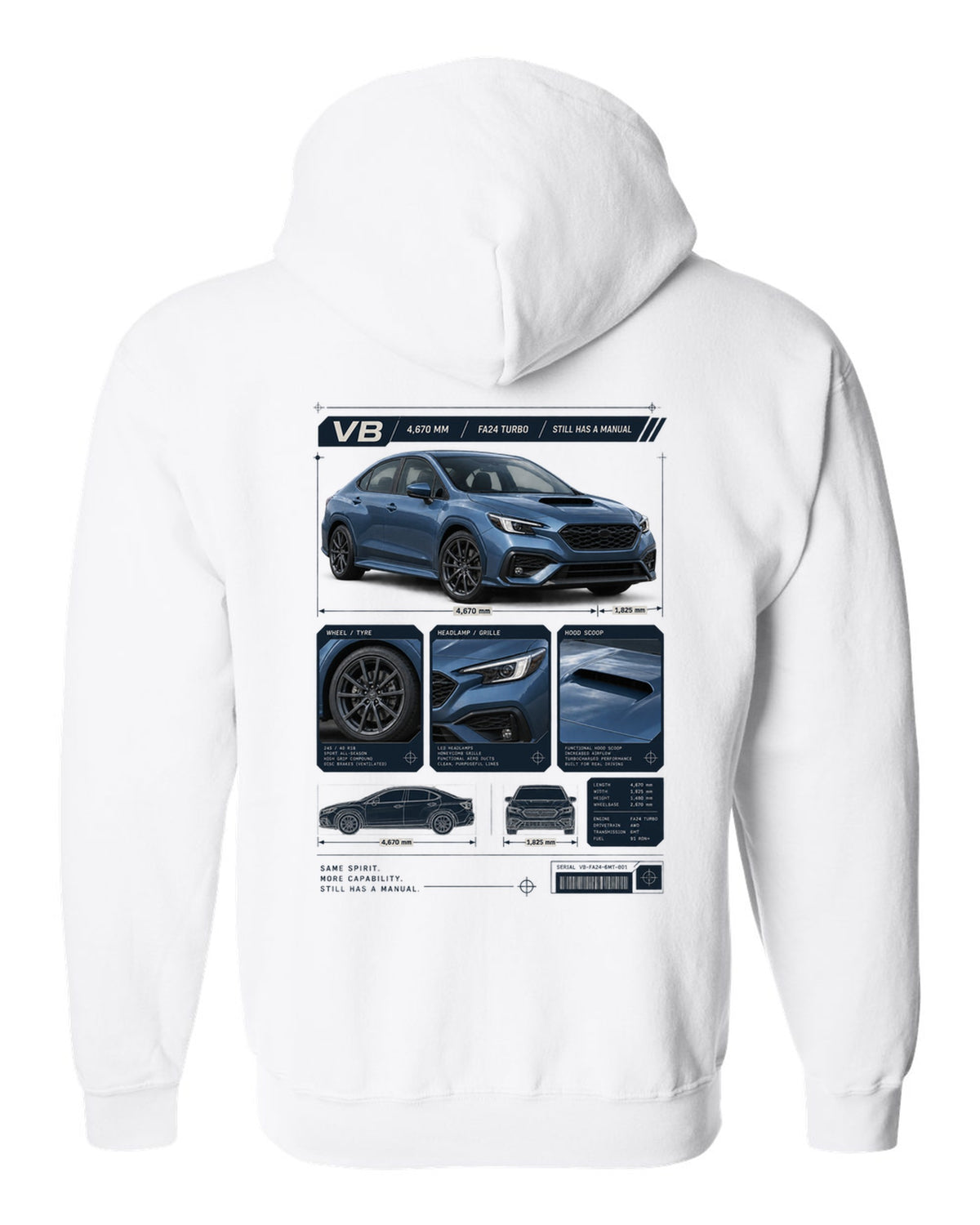 Dossier-style panel layout of a Subaru WRX VB sedan with GT and TR detail panels white zip hoodie back view with the design