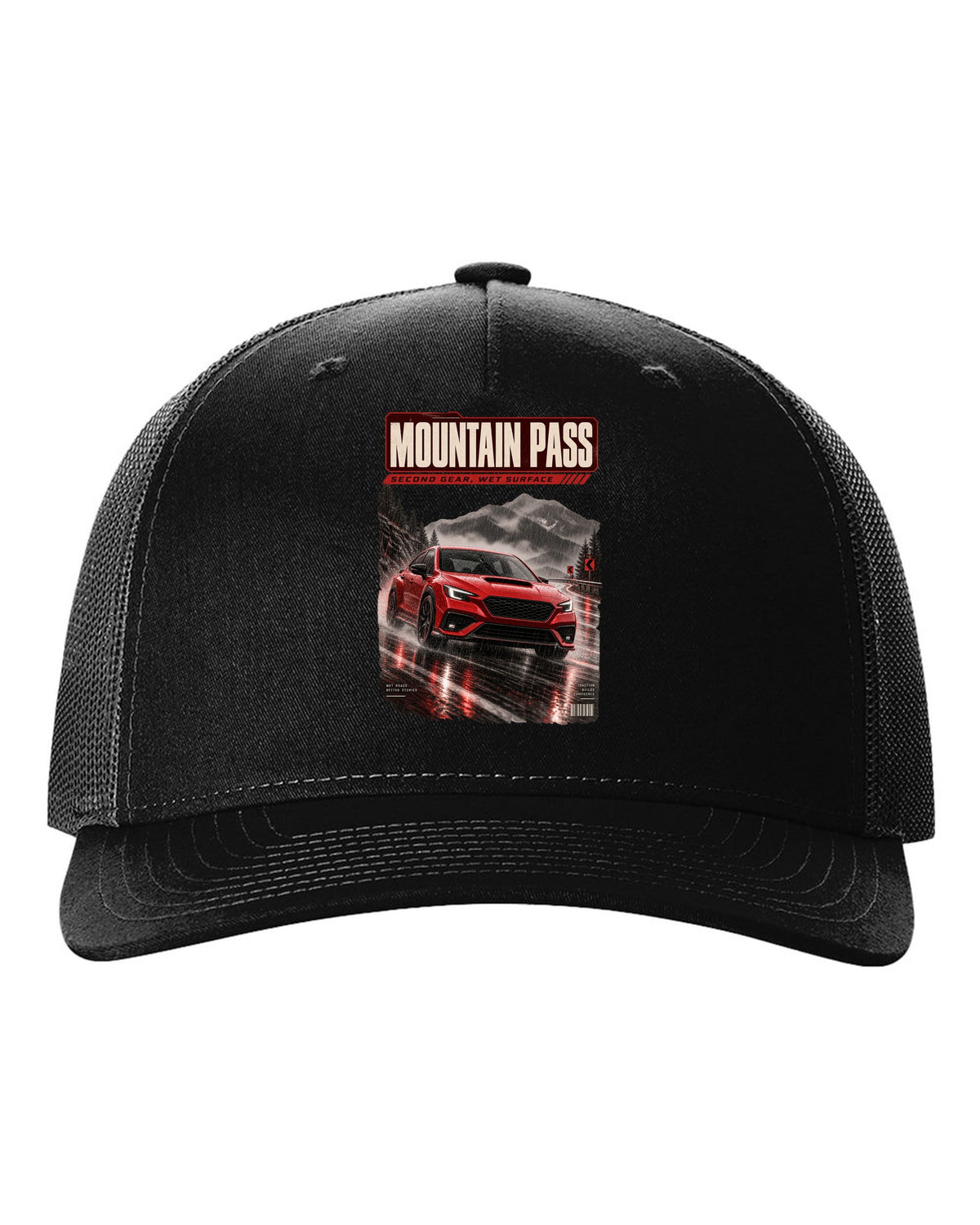 Red-orange monochrome Subaru WRX VB sedan on a wet mountain pass at night, poster-style print black hat front view with the design