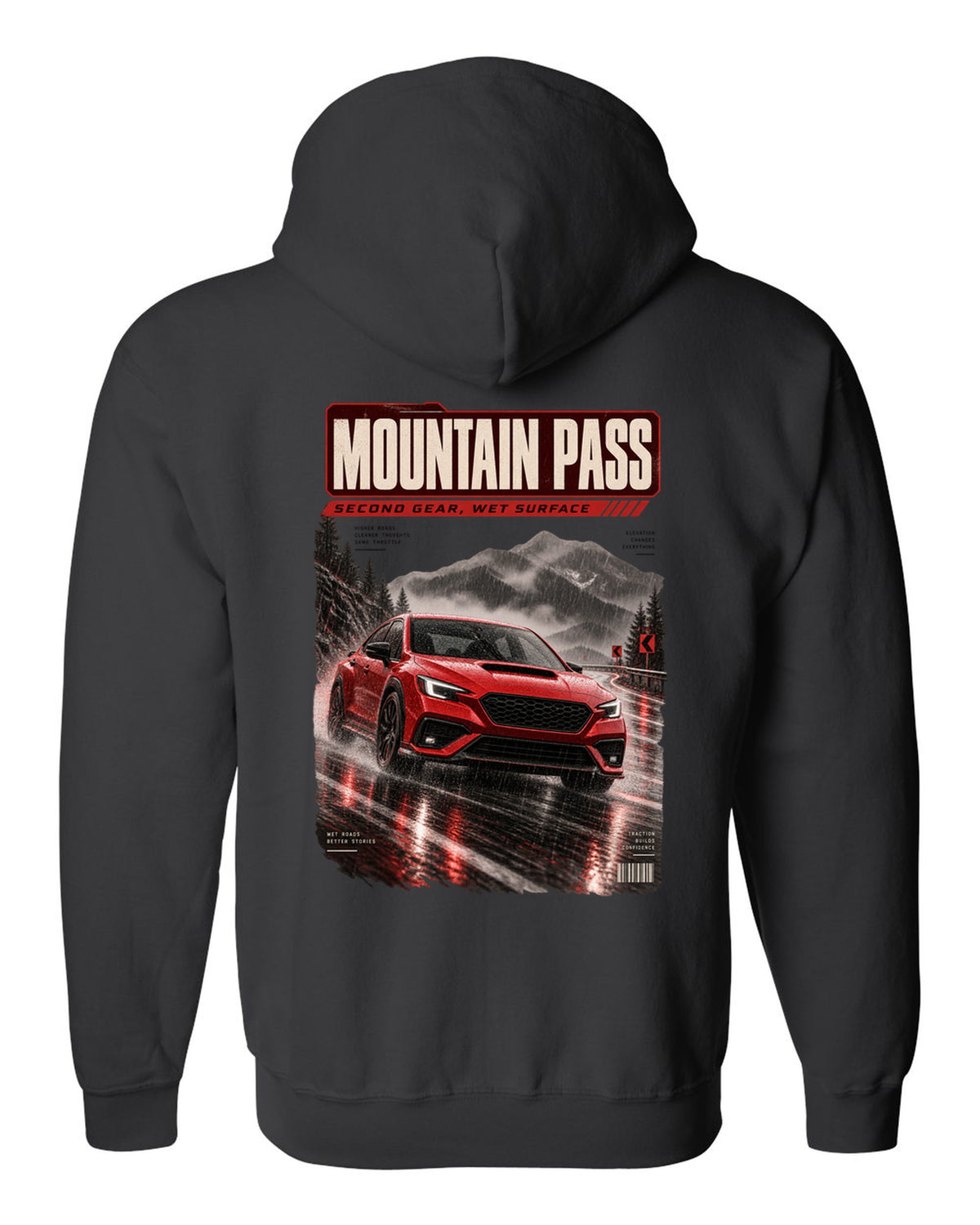 Red-orange monochrome Subaru WRX VB sedan on a wet mountain pass at night, poster-style print black zip hoodie back view with the design