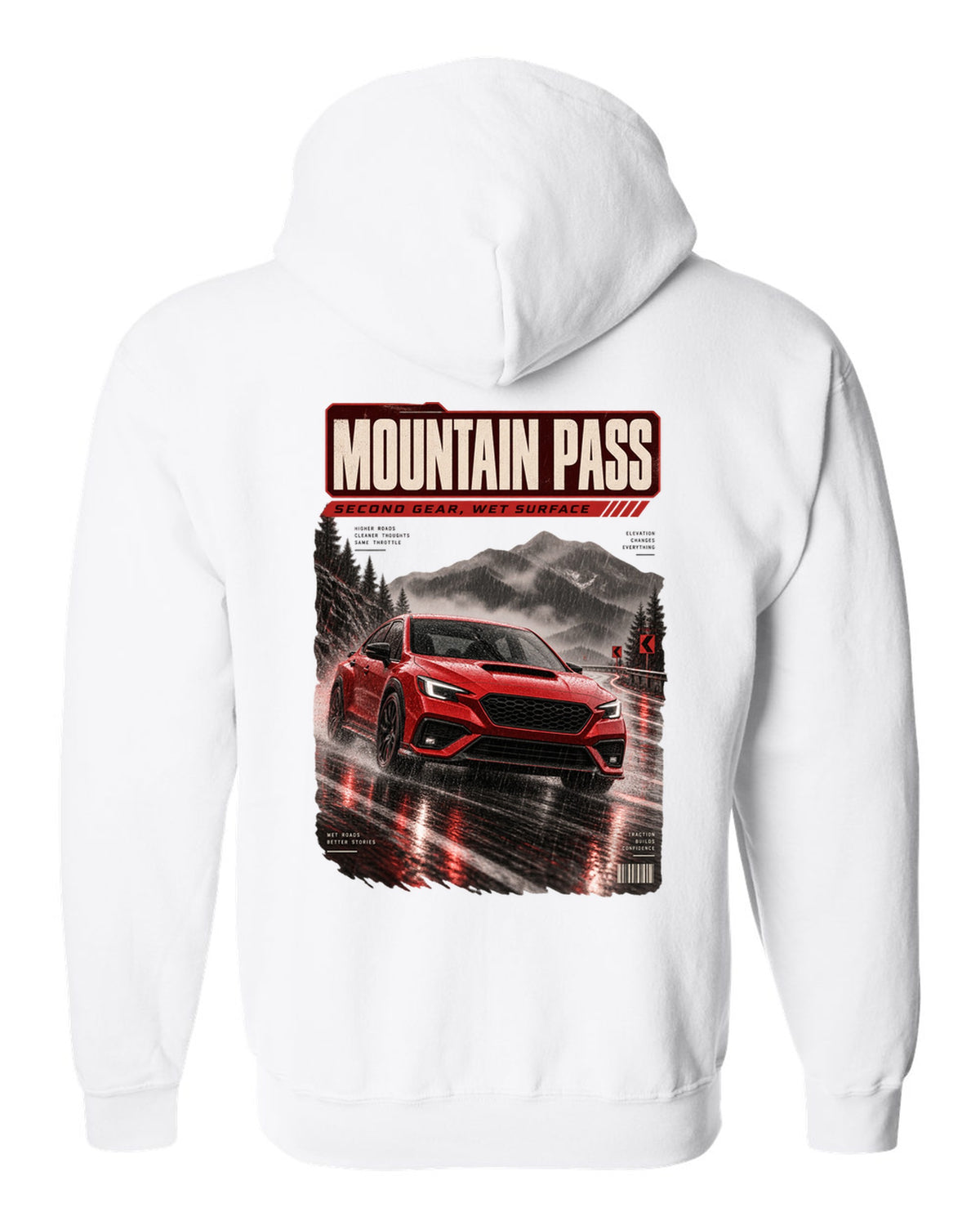 Red-orange monochrome Subaru WRX VB sedan on a wet mountain pass at night, poster-style print white zip hoodie back view with the design