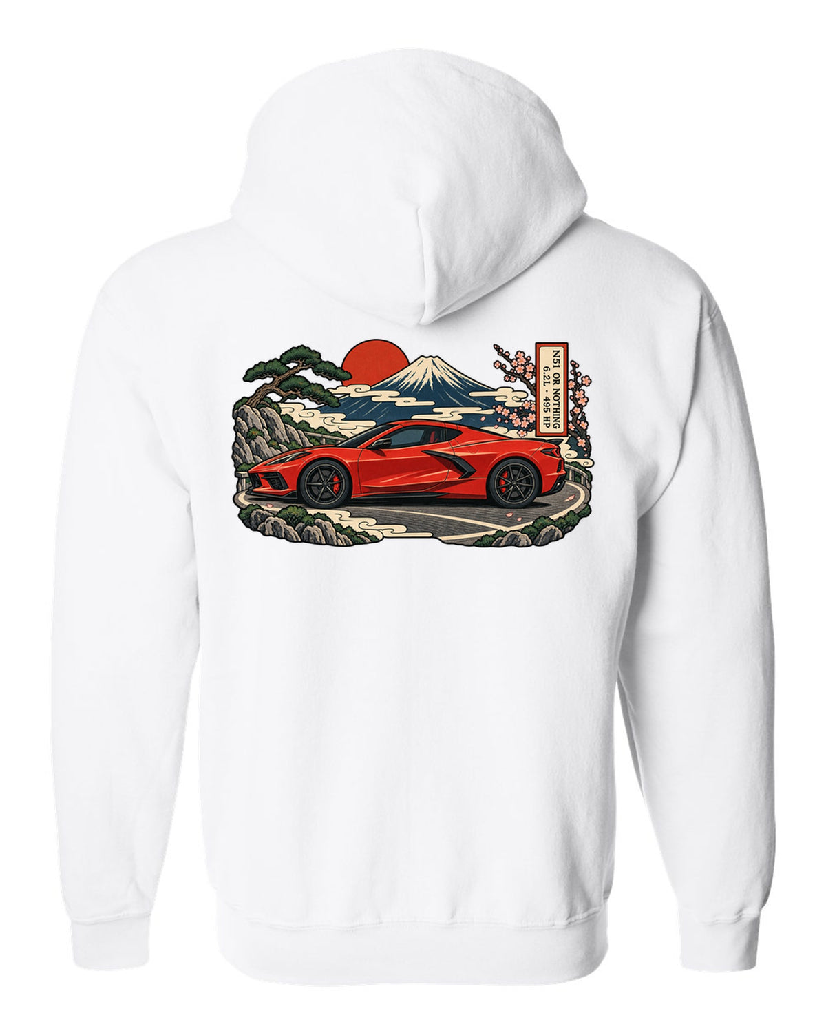Synthwave sunset grid design with a 2020 C8 Corvette Stingray seen from the rear three-quarter white zip hoodie back view with the design