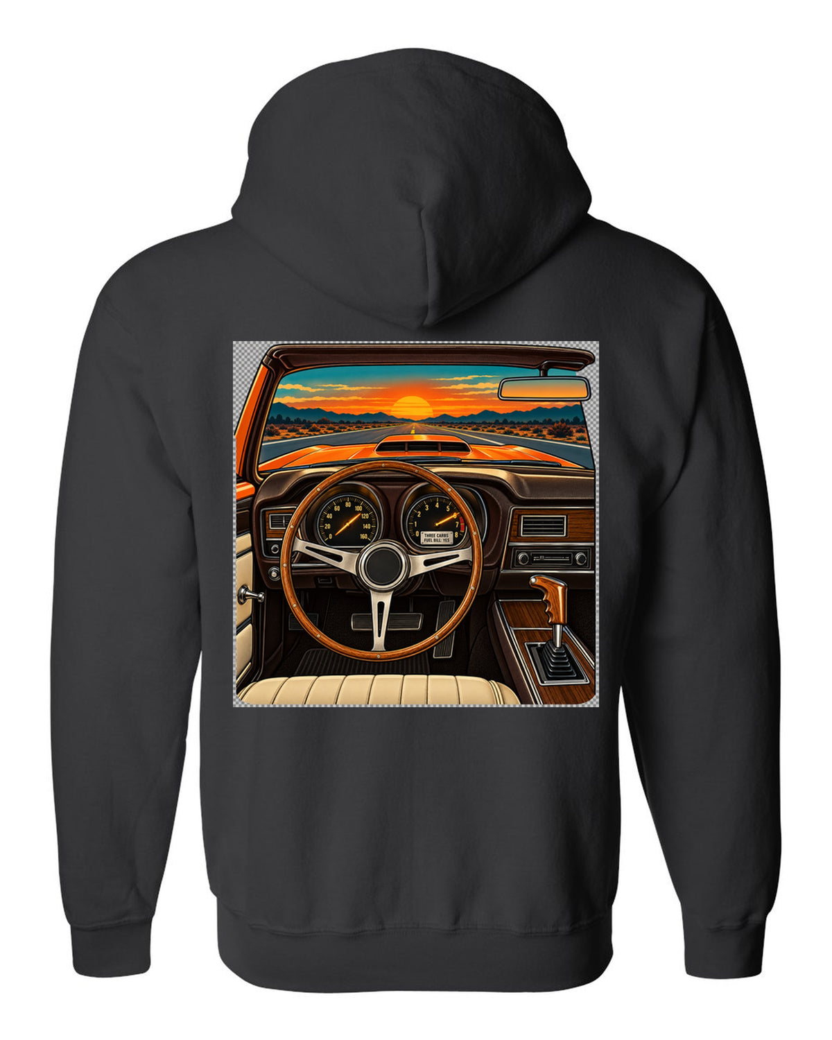 Retro dashboard illustration of a 1971 Dodge Charger Super Bee with six pack carb caption black zip hoodie back view with the design