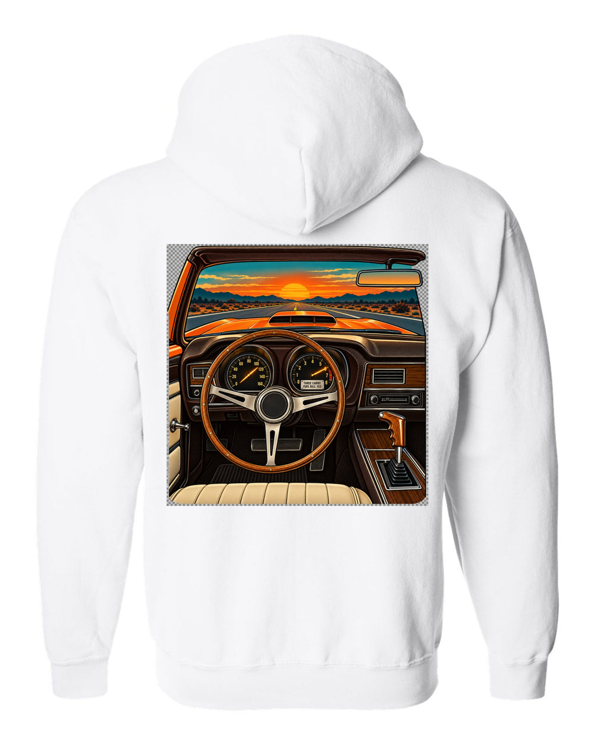 Retro dashboard illustration of a 1971 Dodge Charger Super Bee with six pack carb caption white zip hoodie back view with the design