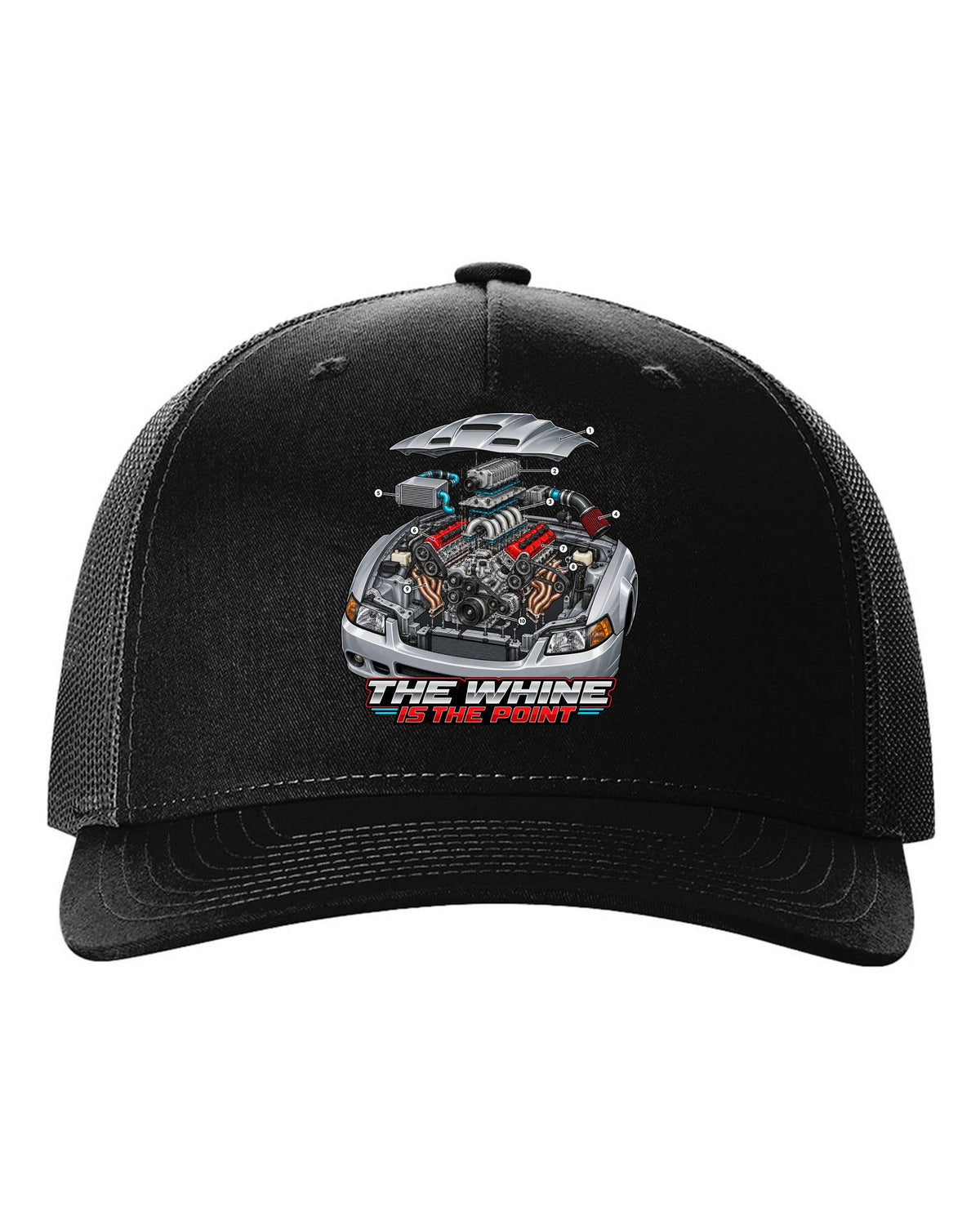Exploded engine cutaway print of a supercharged Ford Mustang SN95 Terminator-spec black hat front view with the design